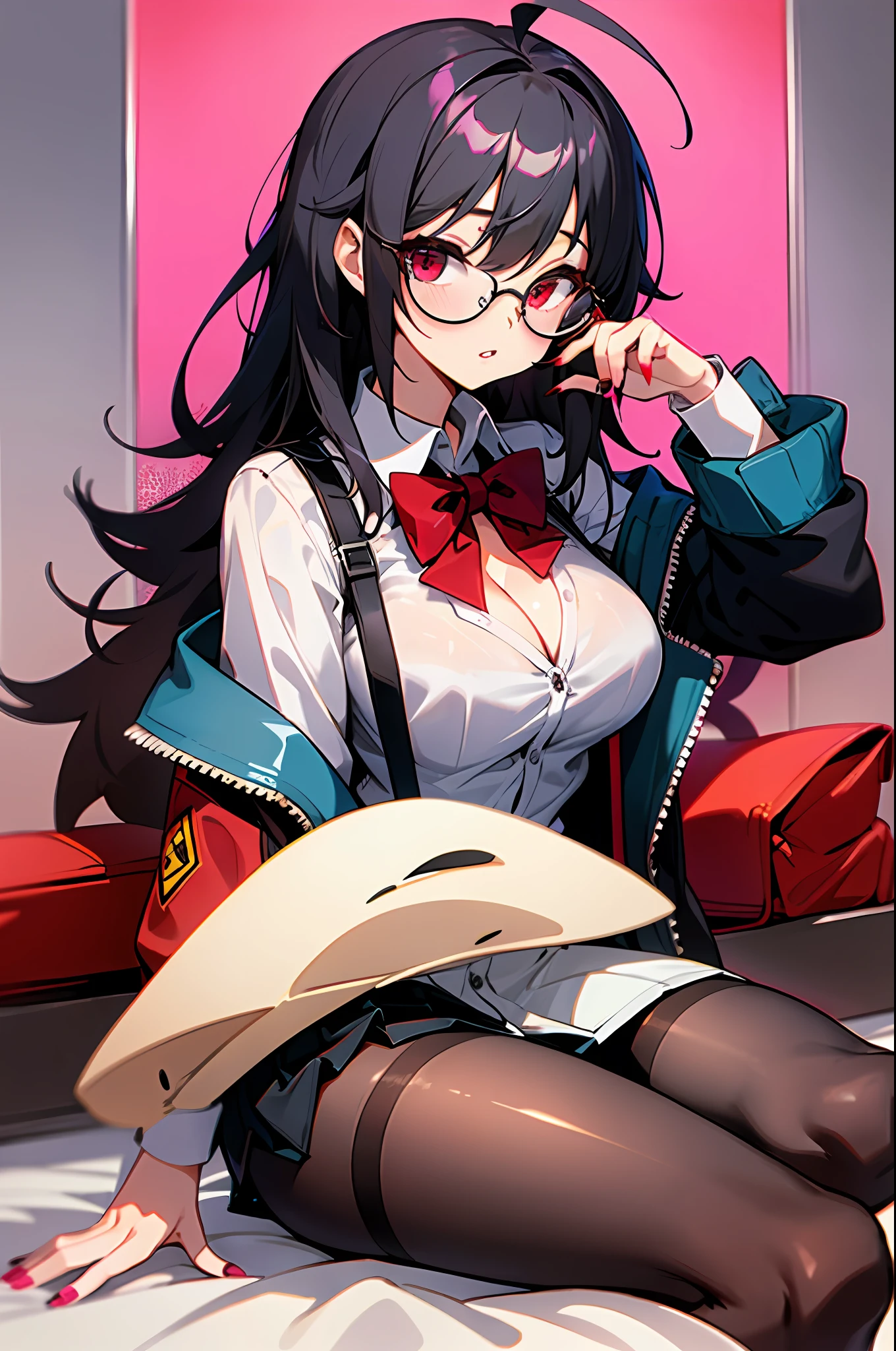 1girl ahoge armband bag black_bow black_bowtie black_hair black_skirt bow bowtie bra bra_visible_through_clothes breasts brown_pantyhose button_gap cleavage collared_shirt crossed_bangs fine_fabric_emphasis glasses hair_between_eyes hair_bow hand_up huge_ahoge huge_breasts indoors jacket long_hair long_sleeves loose_bowtie miniskirt nail_polish no_shoes off_shoulder official_alternate_costume open_clothes open_jacket pantyhose parted_lips pink_nails pleated_skirt red_bow red_eyes red_jacket rimless_eyewear round_eyewear school_bag school_uniform see-through see-through_shirt shiny_clothes shiny_legwear shirt shirt_tucked_in sidelocks sitting skirt soles solo taut_clothes taut_shirt thighband_pantyhose toes underwear wariza white_bra white_shirt yellow_armband