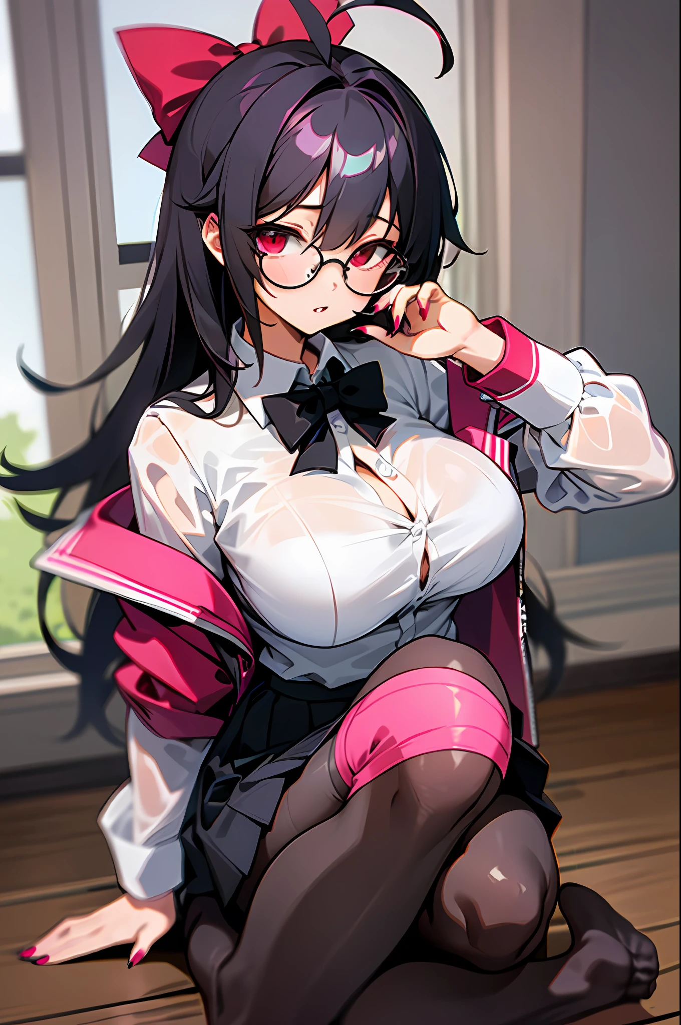 1girl ahoge armband bag black_bow black_bowtie black_hair black_skirt bow bowtie bra bra_visible_through_clothes breasts brown_pantyhose button_gap cleavage collared_shirt crossed_bangs fine_fabric_emphasis glasses hair_between_eyes hair_bow hand_up huge_ahoge huge_breasts indoors jacket long_hair long_sleeves loose_bowtie miniskirt nail_polish no_shoes off_shoulder official_alternate_costume open_clothes open_jacket pantyhose parted_lips pink_nails pleated_skirt red_bow red_eyes red_jacket rimless_eyewear round_eyewear school_bag school_uniform see-through see-through_shirt shiny_clothes shiny_legwear shirt shirt_tucked_in sidelocks sitting skirt soles solo taut_clothes taut_shirt thighband_pantyhose toes underwear wariza white_bra white_shirt yellow_armband