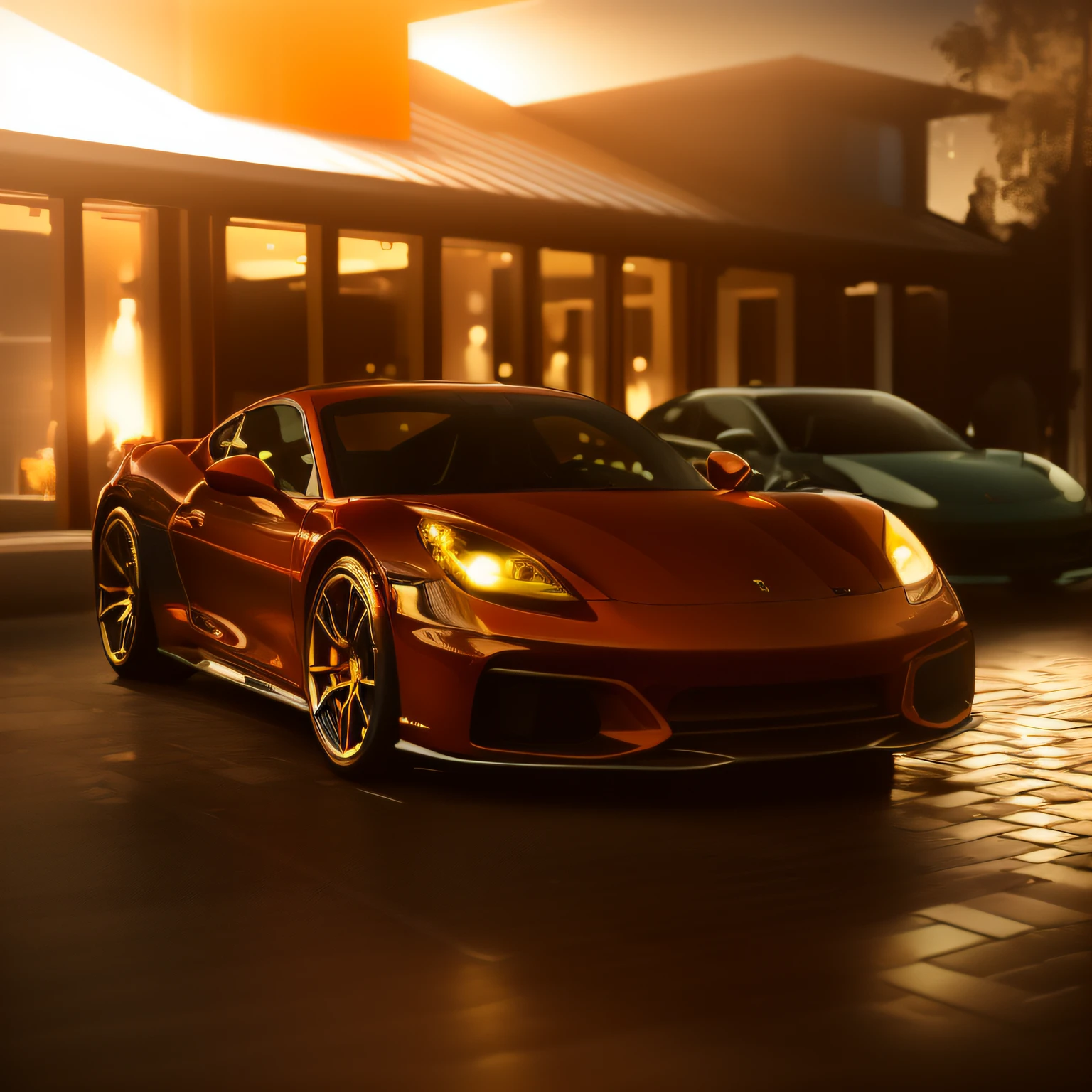 a closeup of (((two red sports cars))) parked in front of one ((((building with warm orange indoor lighting ((low intensity)) ))), vehicle photography, by Daniel Seghers, automotive photography, cinematic front photo, luxury lifestyle, by Anthony Devas, sharp and detailed, kodakchrome : : 8 k, porche, 35840k film, porsche, car photography, by Alexander Robertson