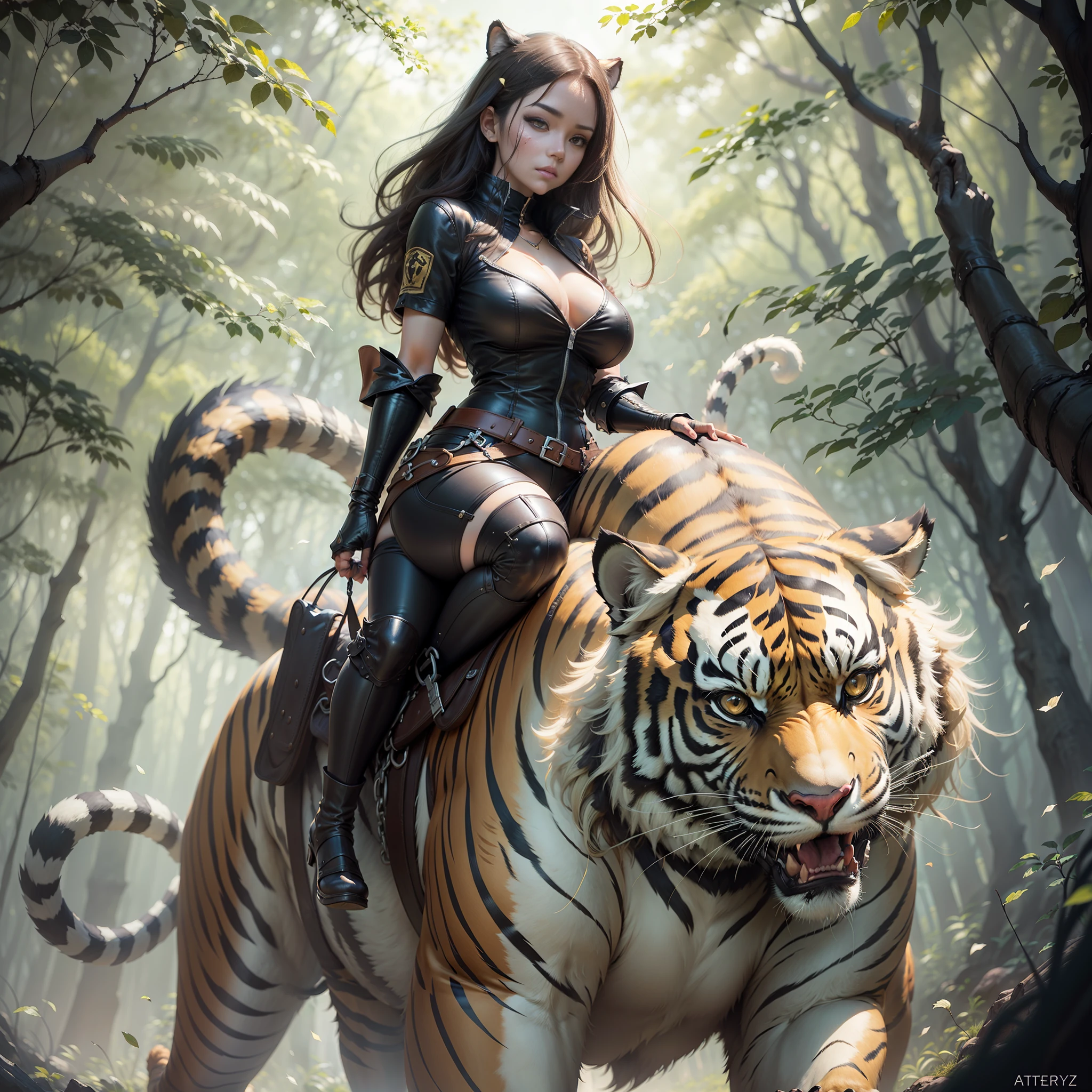 a beautiful woman with large hanging breasts (riding a sabre-toothed tiger) in the dark forest, krenz cushart and wenjun lin, artgerm and atey ghailan, cushart kenz, badass anime 8 k, anime style 4 k, one women and one tiger,