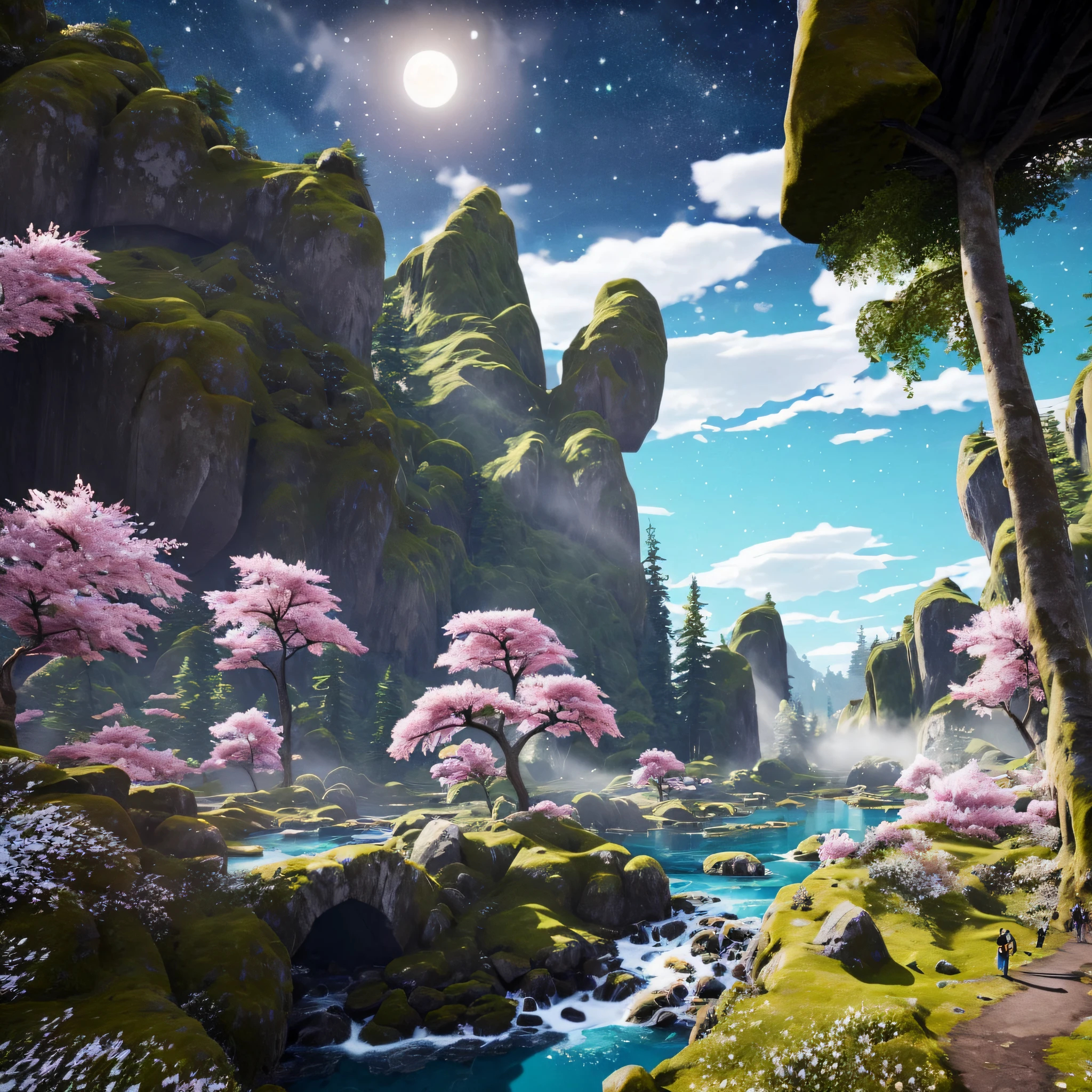 (masterpiece, best quality, high resolution, ultra_detailed:1.2),
(detailed_background), landscape, ((darkness, night: 1.5, moon, starry sky, milky_way)), ((flower: 1.6)),
Fantasy, light_particles, Ruins: 0.5, Pond|River, Stone Forest|Pillar, Waterfall, Cliff, Cherry Blossom, Floating, Style Petal: 0.5, (Style-Inner Cloth Magic: 1.5), Mist: 0.4