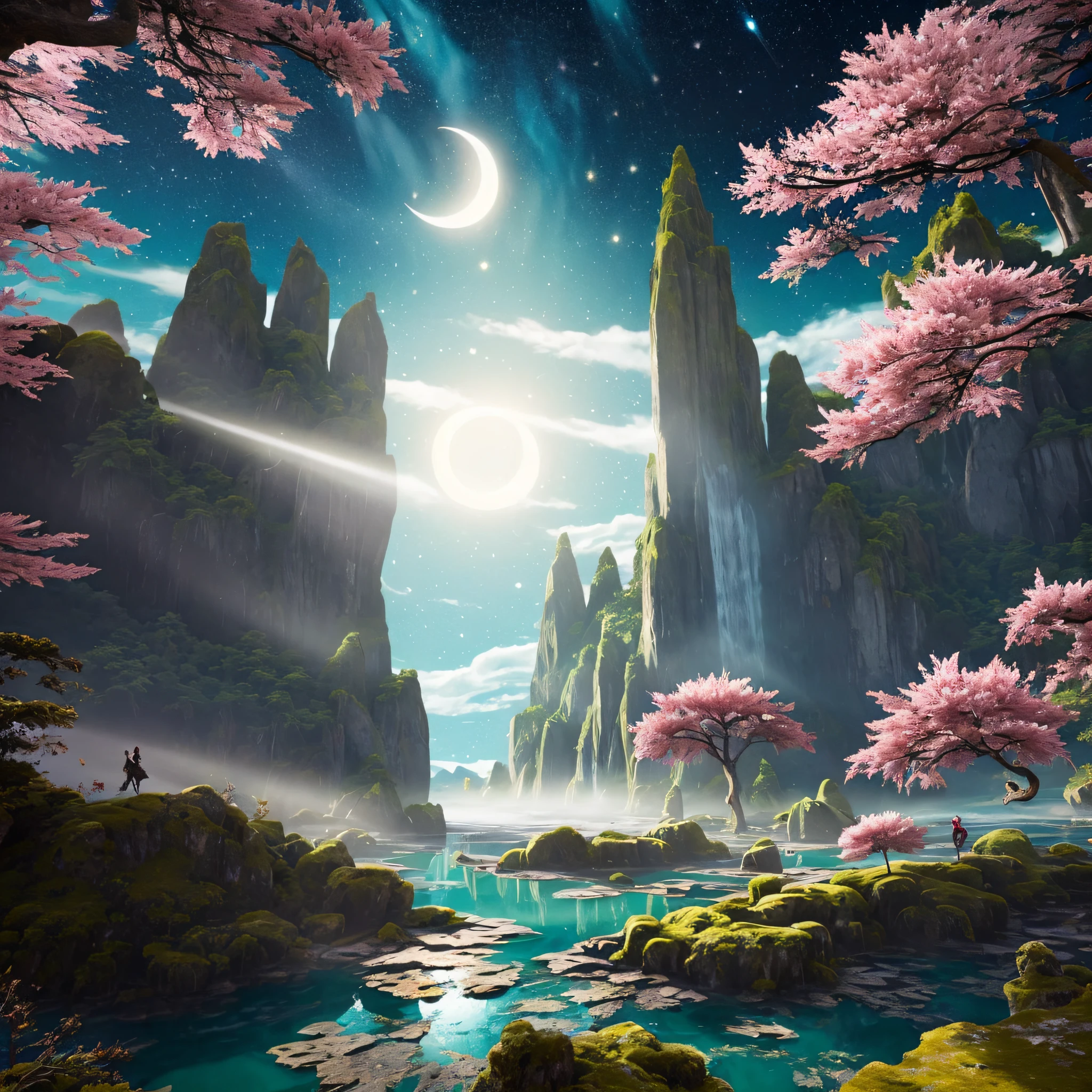 (masterpiece, best quality, high resolution, ultra_detailed:1.2),
(detailed_background), landscape, ((darkness, night: 1.5, moon, starry sky, milky_way)), ((flower: 1.6)),
Fantasy, light_particles, Ruins: 0.5, Pond|River, Stone Forest|Pillar, Waterfall, Cliff, Cherry Blossom, Floating, Style Petal: 0.5, (Style-Inner Cloth Magic: 1.5), Mist: 0.4