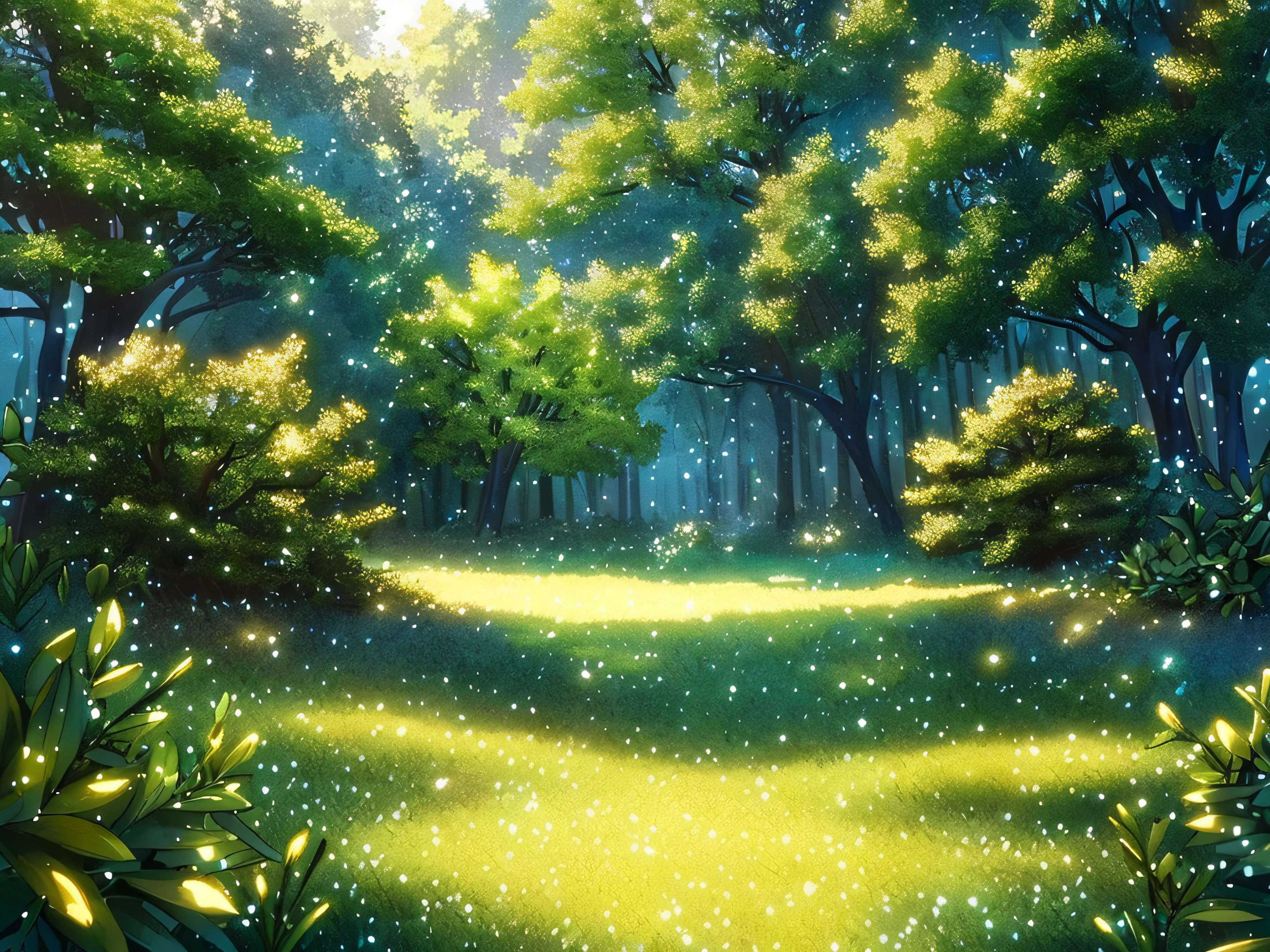 (extremely detailed CG unity 8k wallpaper,masterpiece,best quality,ultra-detailed),best illumination,best shadow,(a great magical forest landscape),(floating,glorious,depth of field,wind,leaves,grasslands,Volumetric light)
