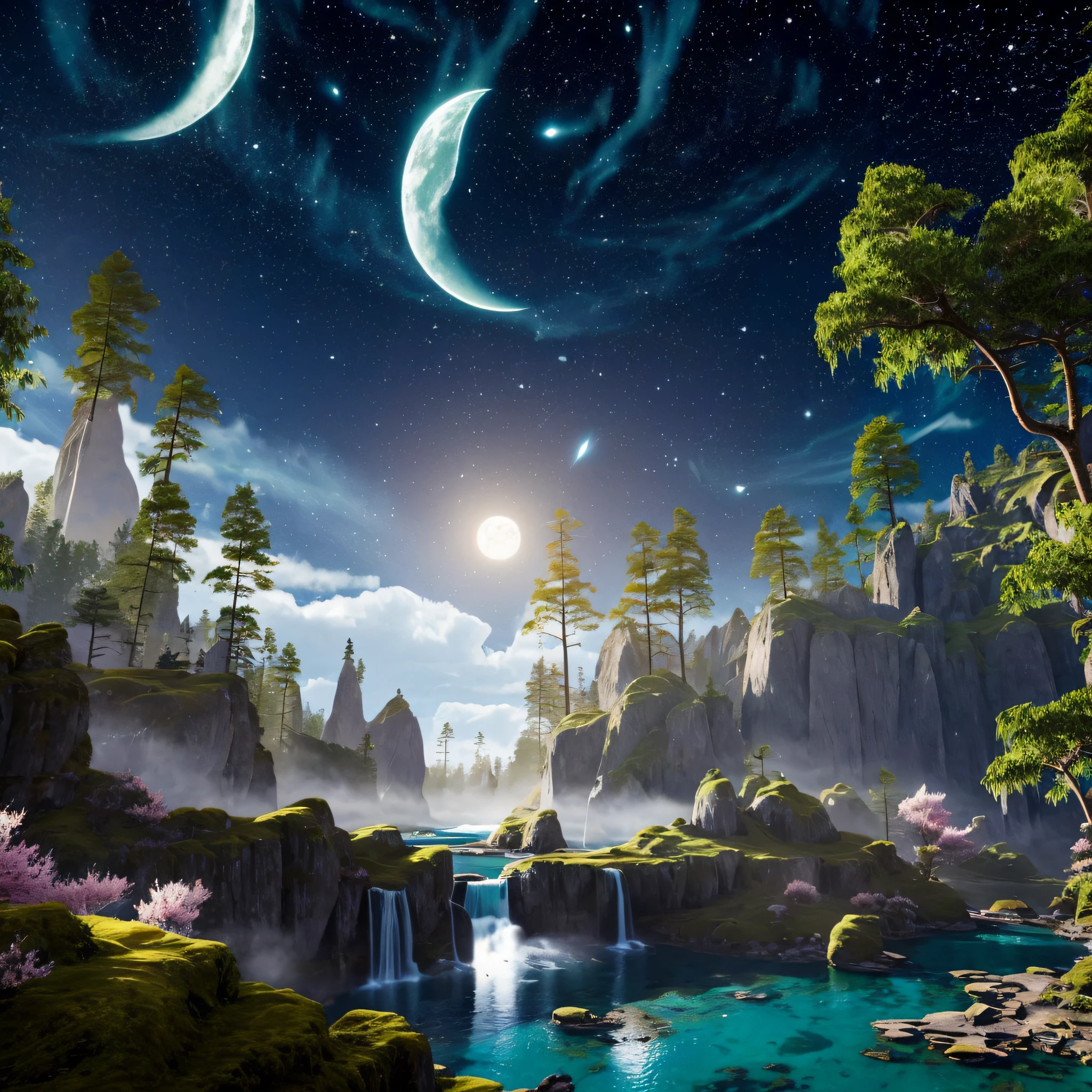 (masterpiece, best quality, high resolution, ultra_detailed:1.2),
(detailed_background), landscape, ((darkness, night: 1.5, moon, starry sky, milky_way)), ((flower: 1.6)),
Fantasy, light_particles, Ruins: 0.5, Pond|River, Stone Forest|Pillar, Waterfall, Cliff, Cherry Blossom, Floating, Style Petal: 0.5, (Style-Inner Cloth Magic: 1.5), Mist: 0.4
