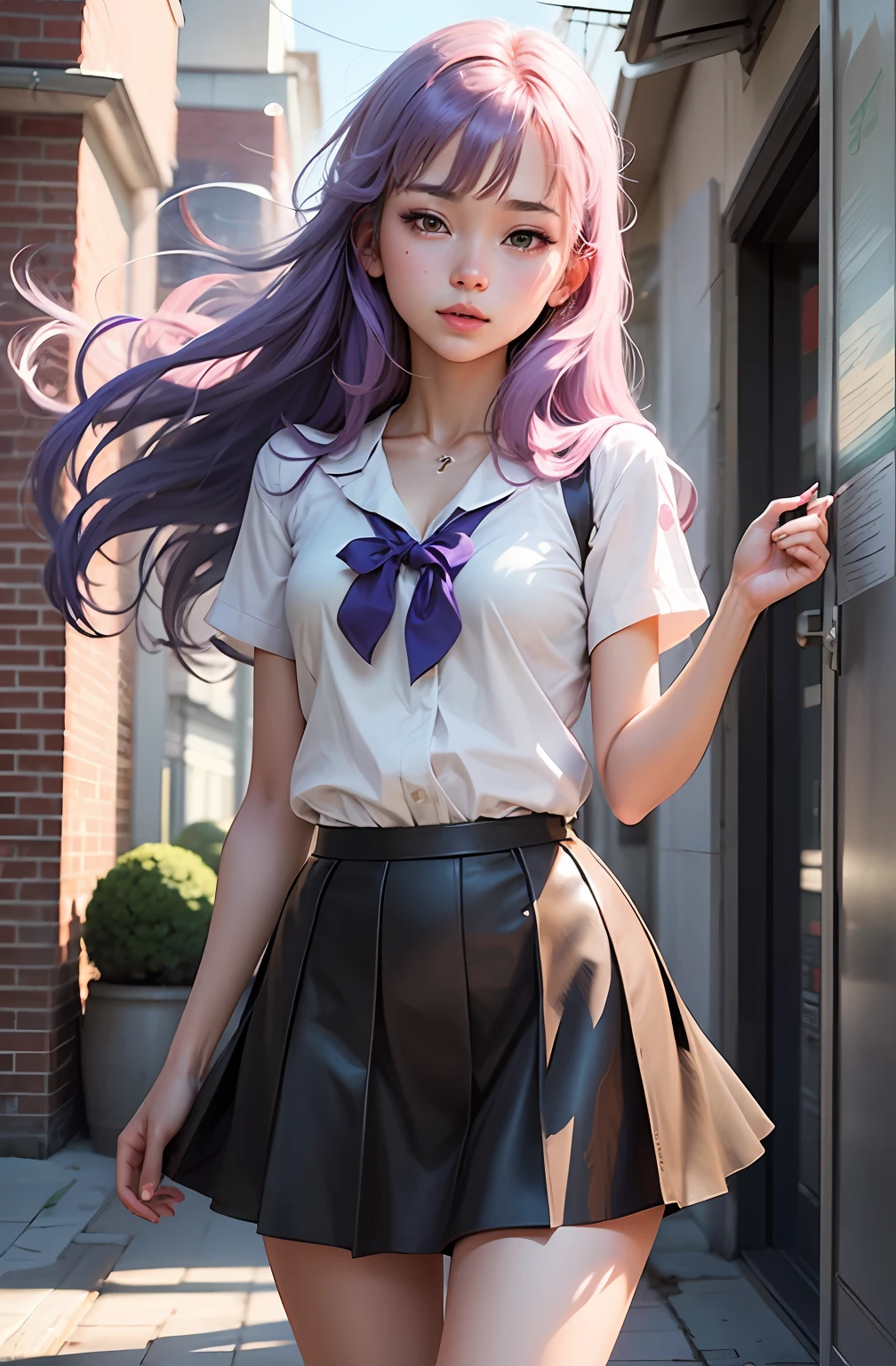 Girl with long purple hair in ugly skirt, anime drawing by Hitoshi Homura, pixiv, process art, beautiful anime schoolgirl, Ilya Kuvshinov with long hair, anime visual of cute girl --auto