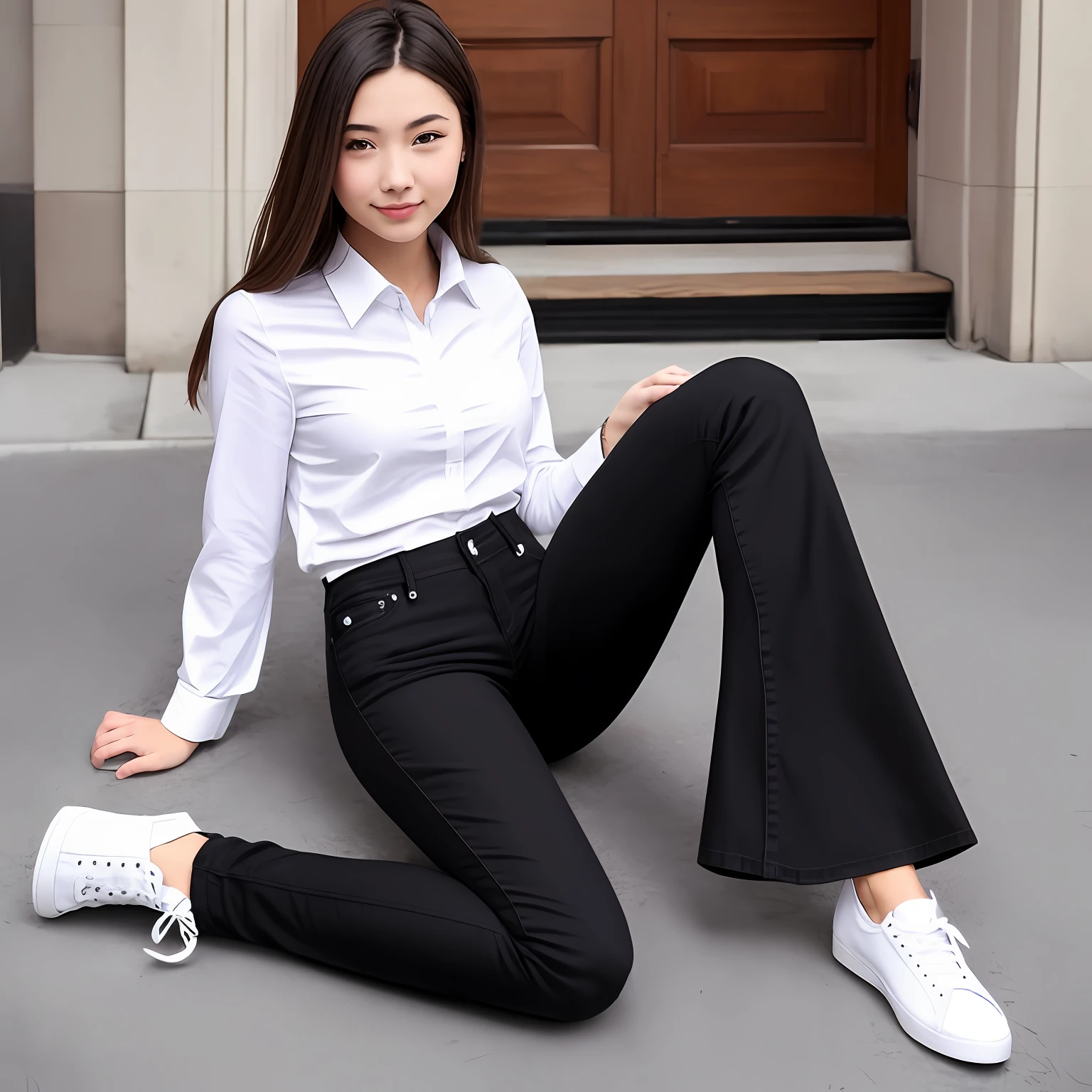 Young brunette woman with flare black jeans pants and a white shirt.