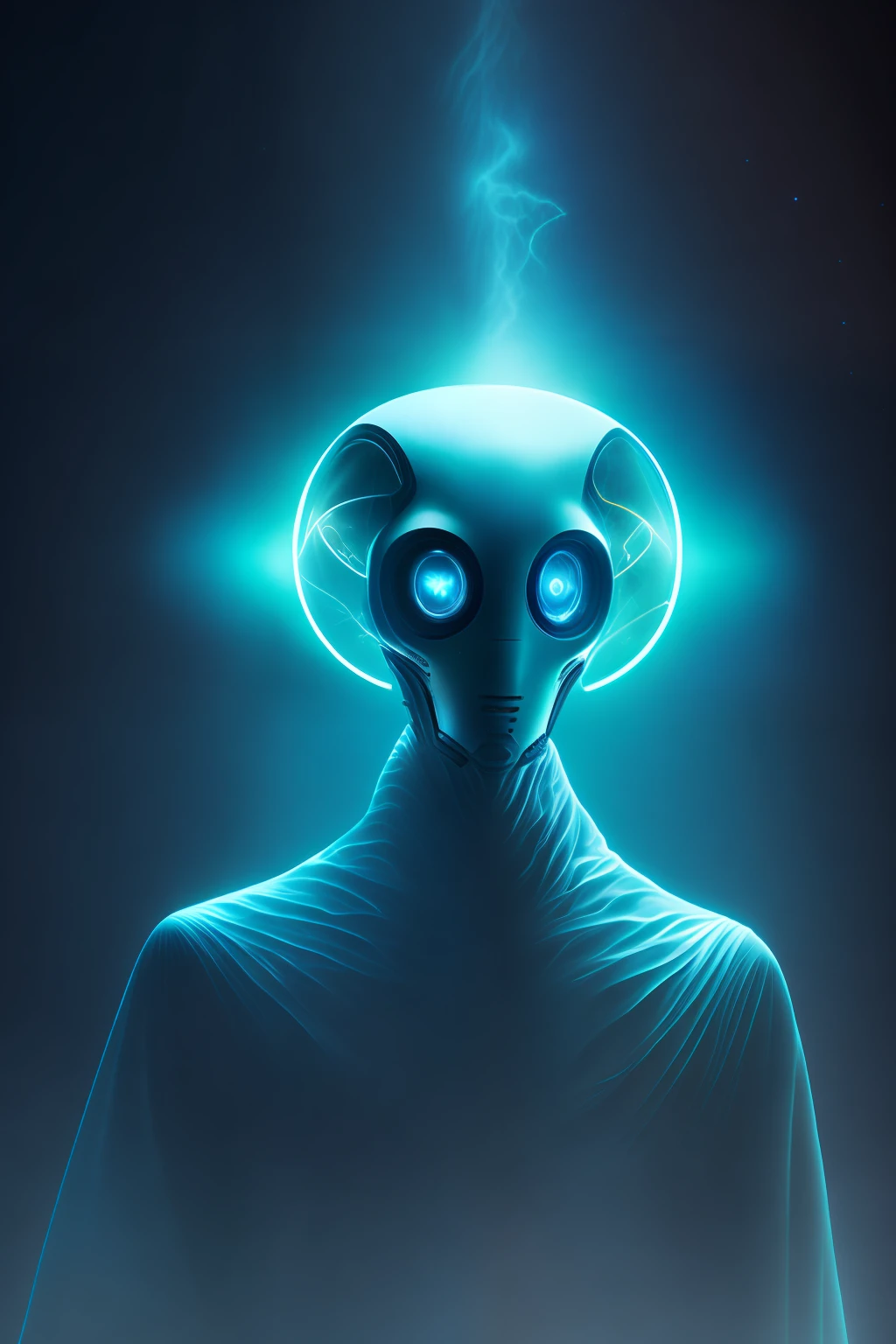 ghostly portrait of a futuristic alien from another dimension creator of the universe