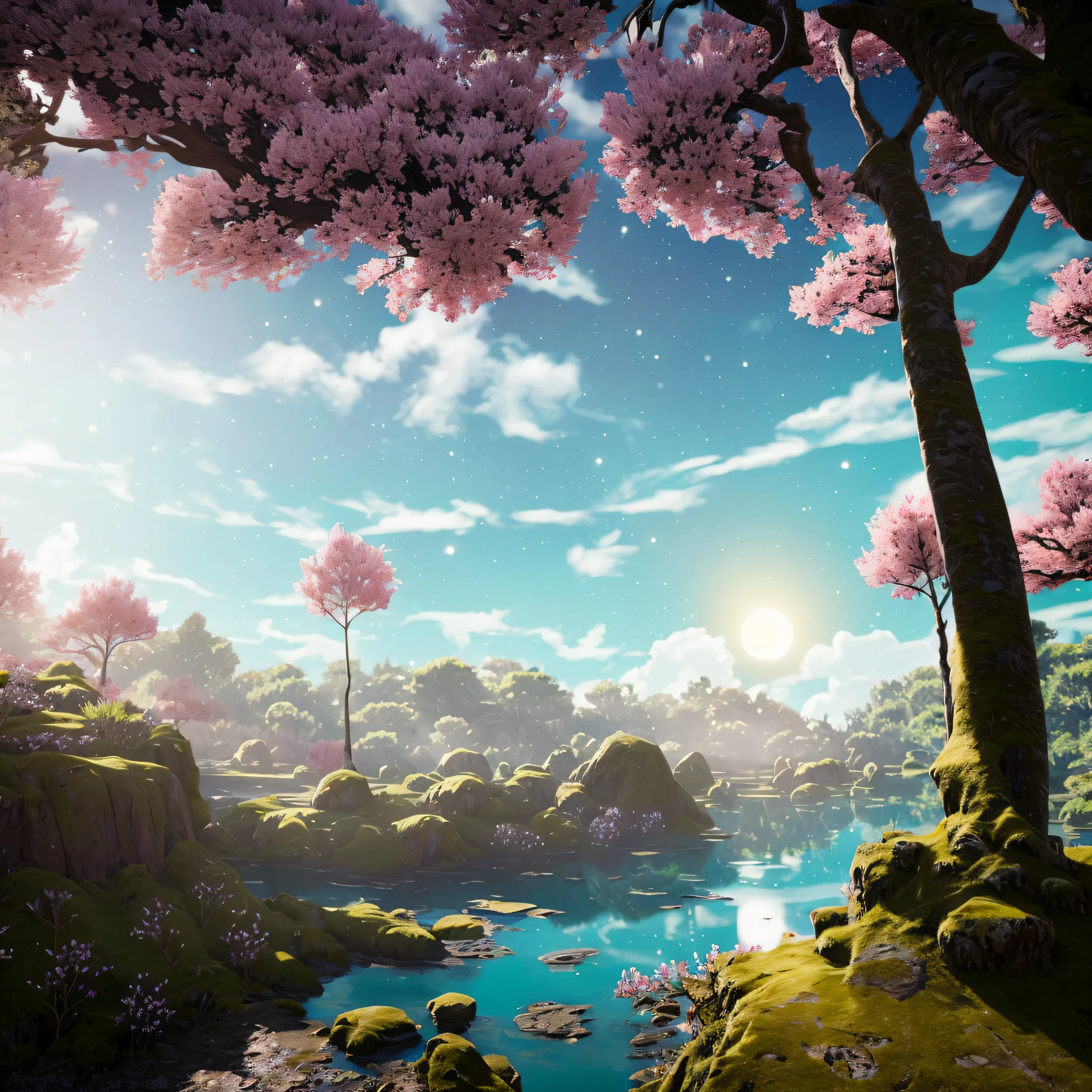 (masterpiece, best quality, high resolution, ultra_detailed:1.2),
(detailed_background), landscape, ((darkness, night: 1.5, moon, starry sky, milky_way)), ((flower: 1.6)),
Fantasy, light_particles, Ruins: 0.5, Pond|River, Stone Forest|Pillar, Waterfall, Cliff, Cherry Blossom, Floating, Style Petal: 0.5, (Style-Inner Cloth Magic: 1.5), Mist: 0.4
