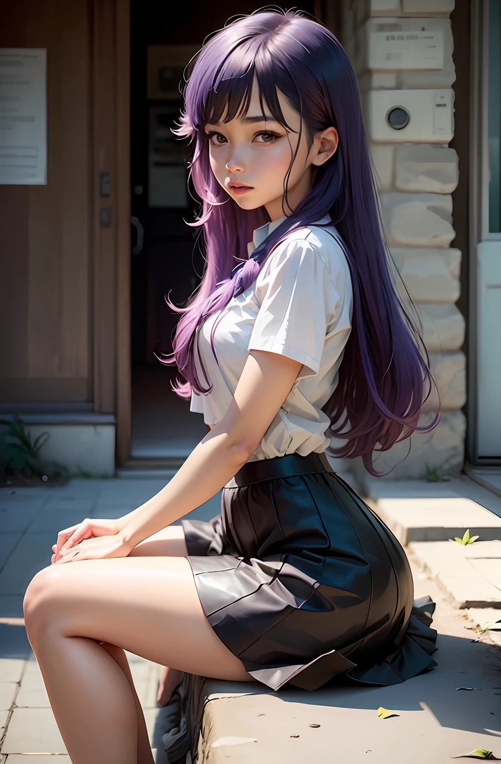 Girl with long purple hair in ugly skirt, anime drawing by Hitoshi Homura, pixiv, process art, beautiful anime schoolgirl, Ilya Kuvshinov with long hair, anime visual of cute girl --auto
