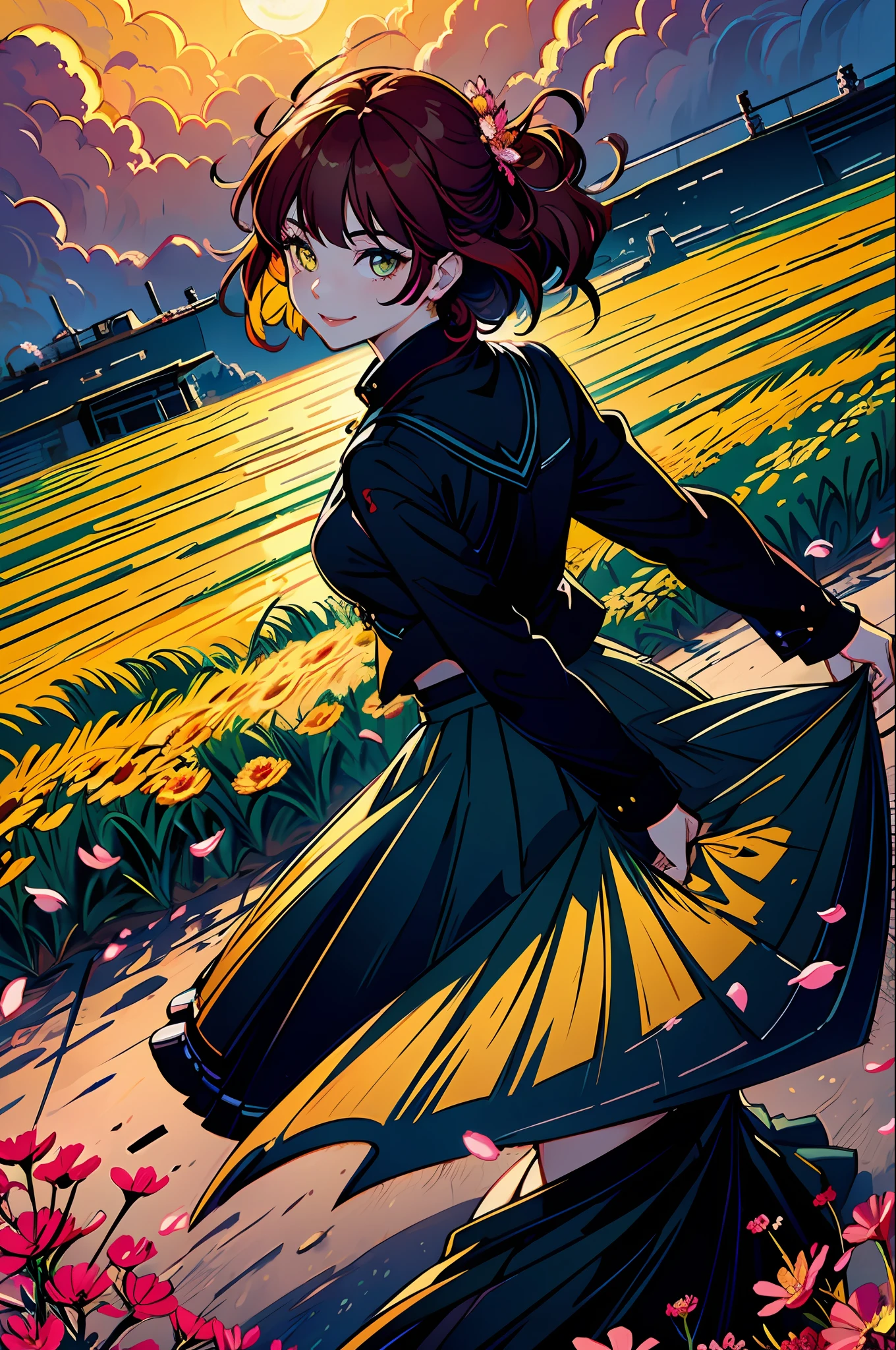 Masterpiece, best quality, 1 girl, (colorful), (finely detailed beautiful eyes and detailed face), cinematic lighting, bust shot, extremely detailed CG Unity 8K wallpaper, red hair, solo, smile, intricate skirt, ((flying petal)) ,(flower meadow) sky, cloudy sky, building, sunlight, sun, day, (dark theme:1.3), light, fantasy, flowers, sky key, yellow