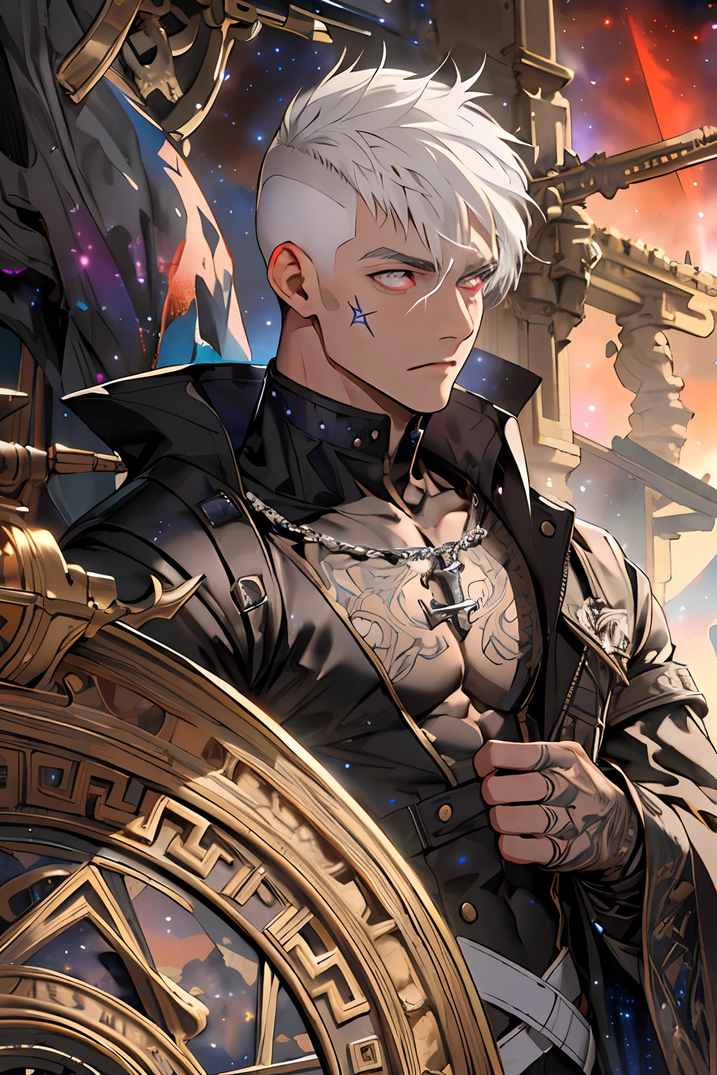 (Absurdres, Intricate Details, Masterpiece, Best Quality, High Resolution, 8k), (1man), (male:1.3), young, chiseled facial features, finely detailed eyes and face, slim body, sense of humor, light skin, finely detail eyes and face, (detailed eyes:1.8), (short white hair:1.8), (fade haircut:1.8), (red eyes:1.15), anchor shaving, nervous, (style-rustmagic:0.8), portrait, looking down, solo, (full body:0.6), detailed background, (high fantasy greek roman theme:1.1), dark seeker, serious expression, silver trimmed elaborate intricate (studded:0.8), tattoos, black body suit with large oversized black coat with one sleeve and massive collar, gunpowder, (night sky background:1.8), winter, mysterious atmosphere, dark lighting, shadows, warhammer dark fantasy, precise and accurate, finely detailed background, Depth of Field, VFX.