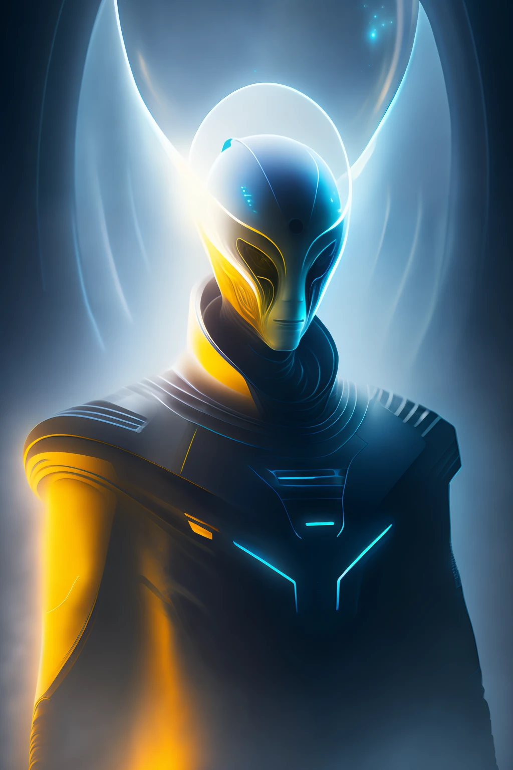 ghostly portrait of a futuristic alien from another dimension creator of the universe