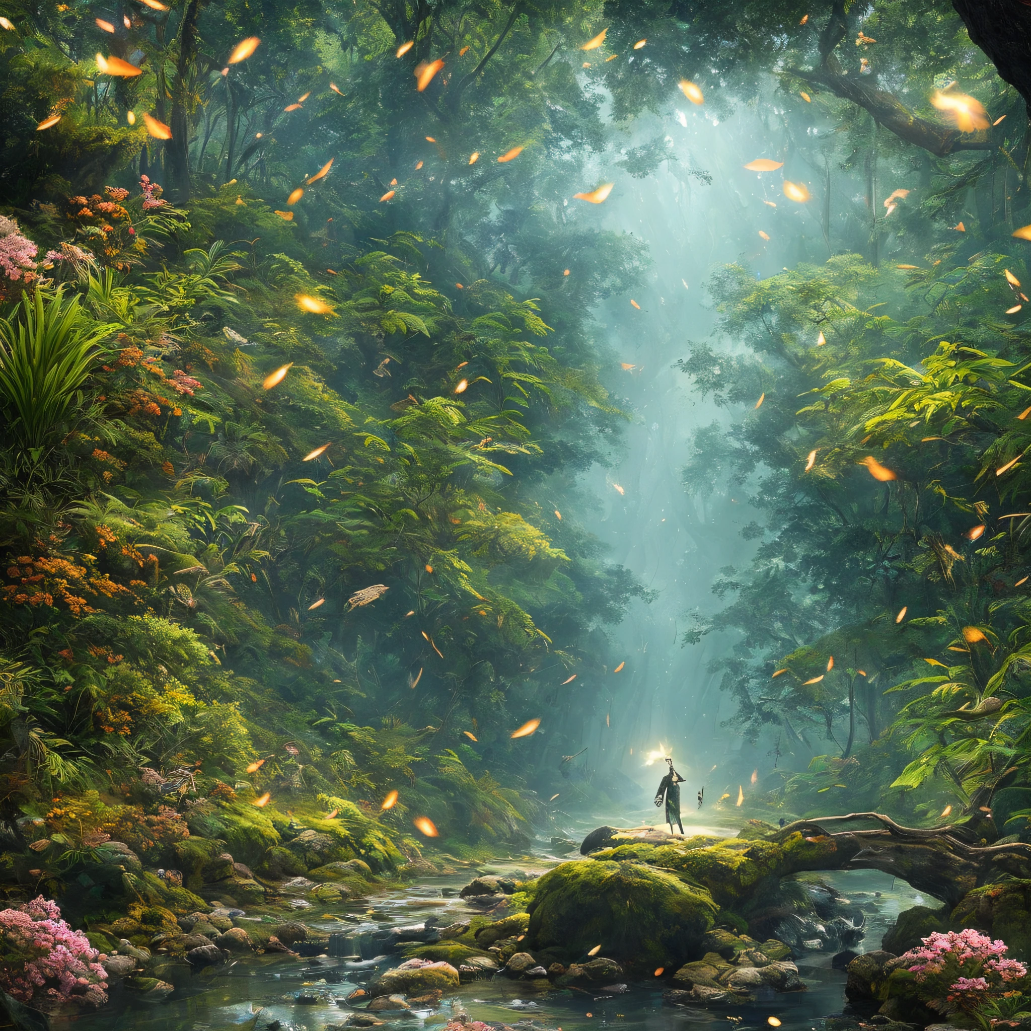 Masterpiece, best quality, (very detailed CG unified 8k wallpaper), (best quality), (best illustration), (best shadow), close-up of a beauty with white hair and white mask, beautiful figure painting, Guvitz, Guwiz style artwork, white-haired god, Yang J, epic exquisite character art, amazing character art, Fan Qi, Wu Zhun Shifan, Guwiz in pixiv art station, glowing elf, with a glowing deer, drinking water in the pool, Natural elements in forest theme. Mysterious forest, beautiful forest, nature, surrounded by flowers, delicate leaves and branches surrounded by fireflies (natural elements), (jungle theme), (leaves), (branches), (fireflies), (particle effects) and other 3D, Octane rendering, ray tracing, super detailed