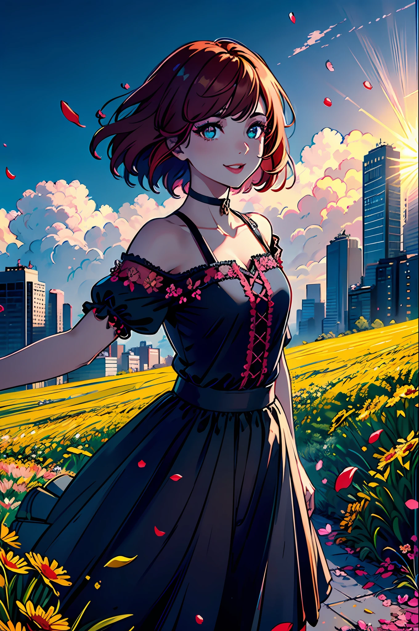 Masterpiece, best quality, 1 girl, (colorful), (finely detailed beautiful eyes and detailed face), cinematic lighting, bust shot, extremely detailed CG Unity 8K wallpaper, red hair, solo, smile, intricate skirt, ((flying petal)) ,(flower meadow) sky, cloudy sky, building, sunlight, sun, day, (dark theme:1.3), light, fantasy, flowers, sky key, yellow