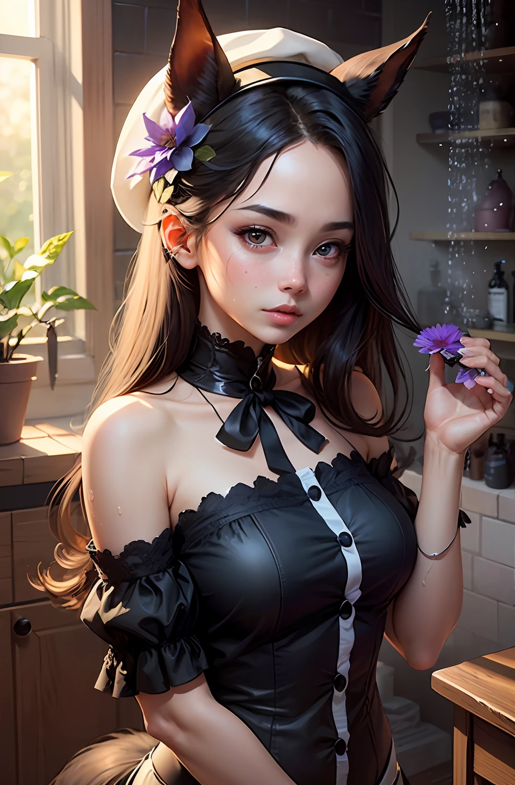 rice shower (umamusume) ,animal ears ,horse ears ,horse girl ,horse tail,long hair ,game cg,master piece,purple eyes, black hair ,blue flower ,hair over one eye ,hat --auto