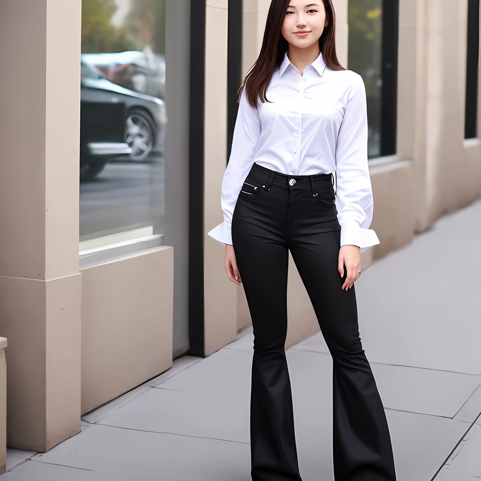 Young brunette woman with flare black jeans pants and a white shirt.