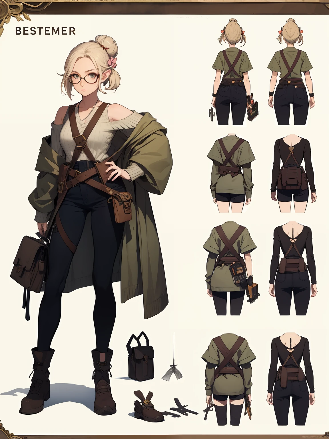 ((masterpiece)),(((best quality))),(character design sheet, same character, front, side, back), elven woman, glasses, hair in bun, bows, lace, off the shoulder sweater with tank top underneath, satchels, pouches on waist, harness, tool belt, tools, crossbow