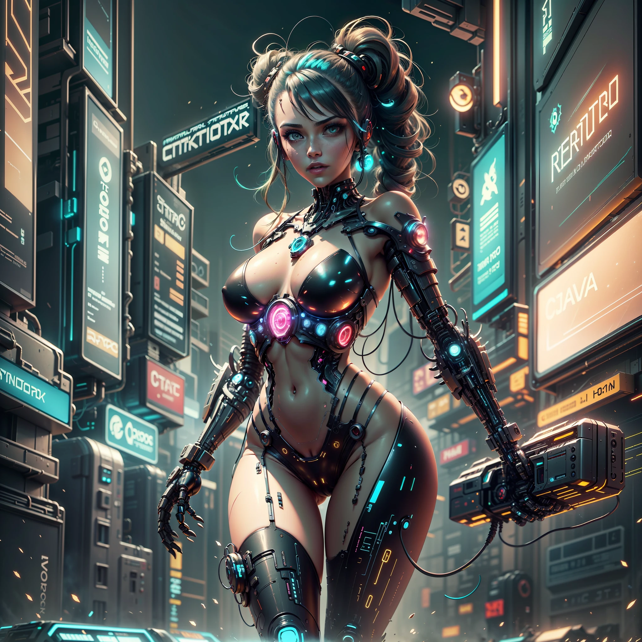 ((Best Quality)), ((Masterpiece)), (High Detail:1.3), 3D, beautiful (cyberpunk:1.3) dancer with voluminous, thick hair, dancing among the crowd, neon train A cybernetic woman with electric eyes, burning metallic hair, iridescent skin with circuited patterns, nails sharp as claws, and a mysterious look. The neon light of the environment reflects on its metallic curves as it rises majestically over a futuristic landscape filled with glittering skyscrapers, bustling streets and flying vehicles. The city is illuminated by a starry sky and a full moon, which add a touch of cosmic charm. The cybernetic woman emanates an aura of power and mystery, evoking the sense of a technological and fascinating future. The image will be executed as a high-resolution photograph, capturing every detail of the cybernetic woman and the environment around her. The photographic style will emphasize neon lighting and metallic sheen, conveying a futuristic and technological atmosphere. The state-of-the-art camera will be used to capture the image, ensuring sharp detail and vibrant colors. --auto --s2