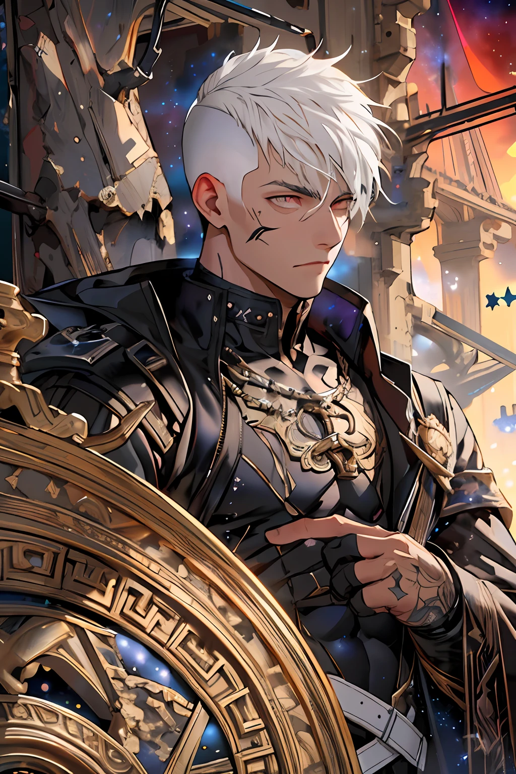 (Absurdres, Intricate Details, Masterpiece, Best Quality, High Resolution, 8k), (1man), (male:1.3), young, chiseled facial features, finely detailed eyes and face, slim body, sense of humor, light skin, finely detail eyes and face, (detailed eyes:1.8), (short white hair:1.8), (fade haircut:1.8), (red eyes:1.15), anchor shaving, nervous, (style-rustmagic:0.8), portrait, looking down, solo, (full body:0.6), detailed background, (high fantasy greek roman theme:1.1), dark seeker, serious expression, silver trimmed elaborate intricate (studded:0.8), tattoos, black body suit with large oversized black coat with one sleeve and massive collar, gunpowder, (night sky background:1.8), winter, mysterious atmosphere, dark lighting, shadows, warhammer dark fantasy, precise and accurate, finely detailed background, Depth of Field, VFX.