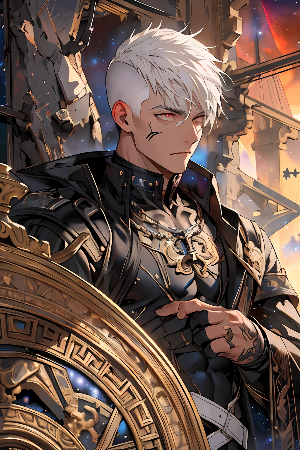 (Absurdres, Intricate Details, Masterpiece, Best Quality, High Resolution, 8k), (1man), (male:1.3), young, chiseled facial features, finely detailed eyes and face, slim body, sense of humor, light skin, finely detail eyes and face, (detailed eyes:1.8), (short white hair:1.8), (fade haircut:1.8), (red eyes:1.25), anchor shaving, nervous, (style-rustmagic:0.8), portrait, looking down, solo, (full body:0.6), detailed background, (high fantasy greek roman theme:1.1), dark seeker, serious expression, silver trimmed elaborate intricate (studded:0.8), tattoos, black body suit with large oversized black coat with one sleeve and massive collar, gunpowder, (night sky background:1.8), winter, mysterious atmosphere, dark lighting, shadows, warhammer dark fantasy, precise and accurate, finely detailed background, Depth of Field, VFX.