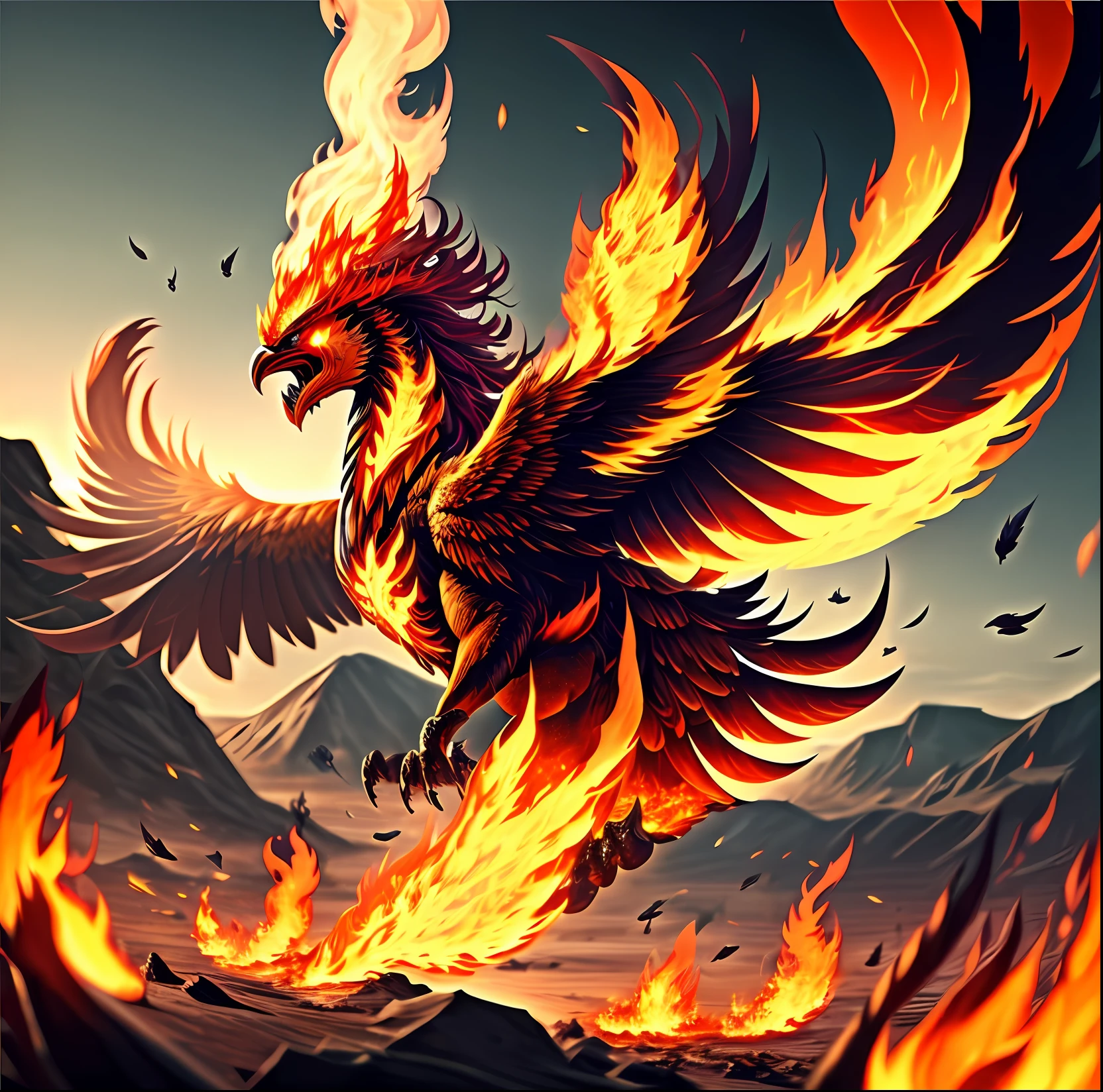 Phoenix of fire taking the entire screen, hard focus, flying, realistic, dynamic. Fire 🔥 everywhere on the screen. All feathers of pure fire. --auto