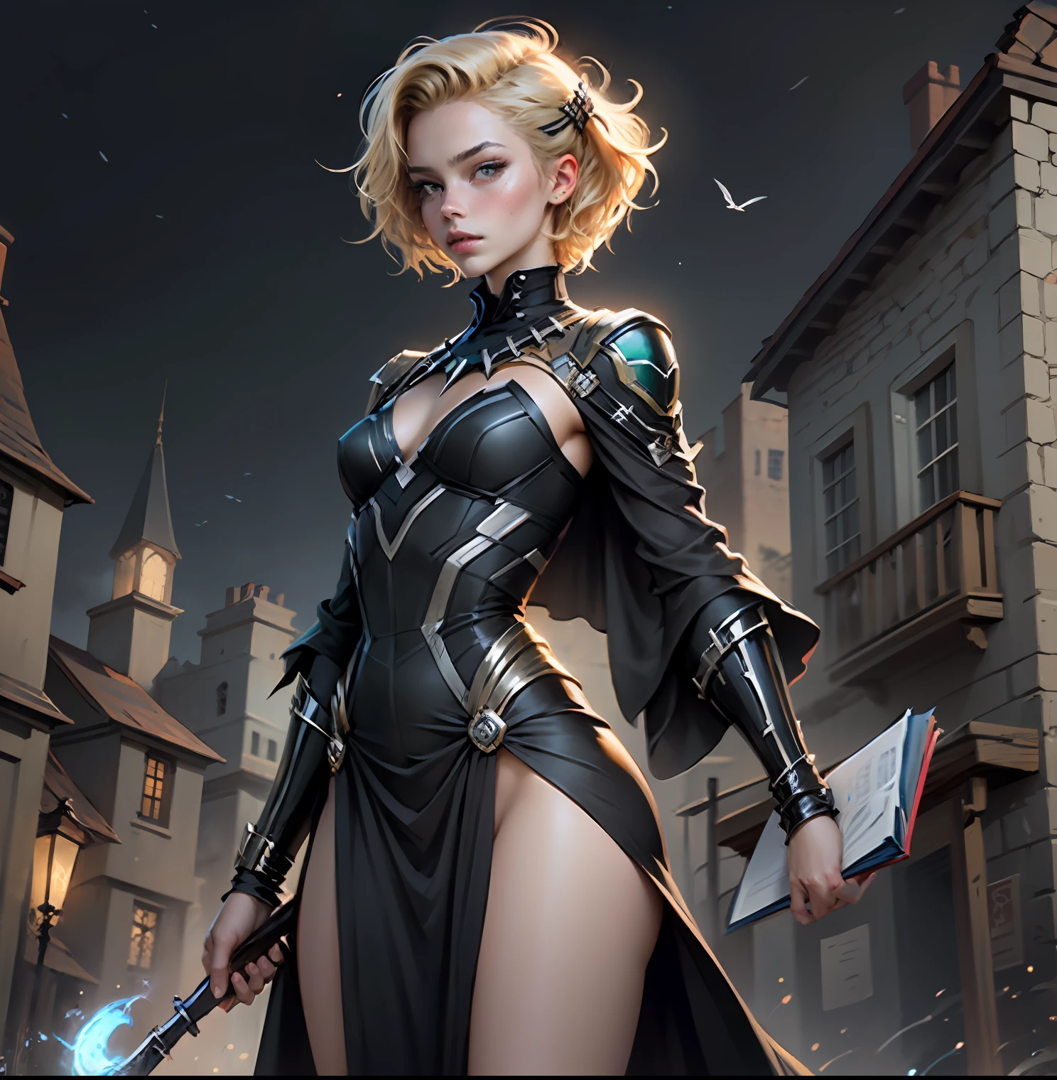(more quality) 4k, beautiful woman with detailed defined body using role-play style black panther, short hair, blonde, green eyes, magic book in hand, blurred background, flying, wizard dress, night