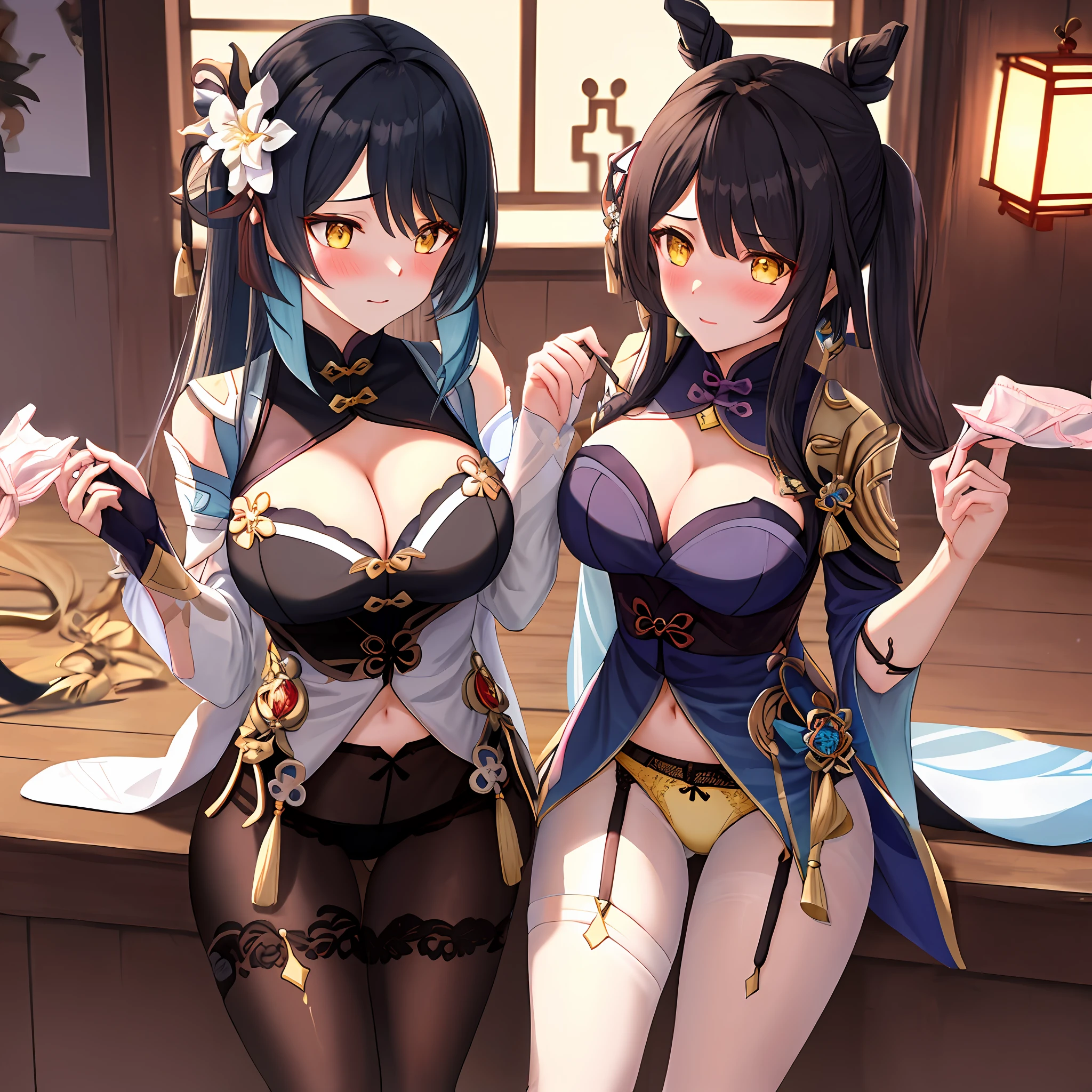 holding panties, blush, pee stain, big breasts, 1girl, black hair, yellow eyes, white panties, Black pantyhose, girly face, girly body, cleavage, stockings, garter belt, baizhu (genshin impact)