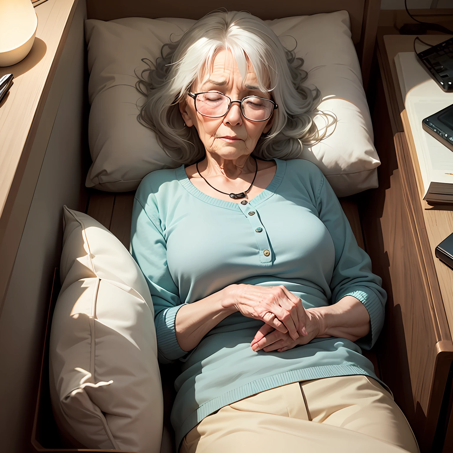 Elderly gray-haired woman asleep, thin-framed glasses --auto