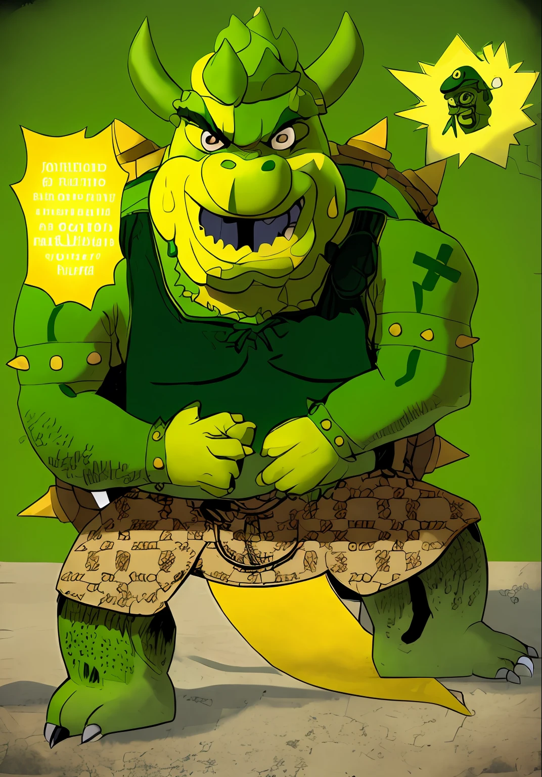 cartoon of a man with a horned head and a green and yellow outfit, bowser, bowser nintendo, koopa, wario as the armored titan, goron brute, crocodile loki, humanoid turtle monster, fire breathing. bowser, as an anthropomorphic turtle, giga chad, full-cosplay wario, inspired by Mario Bardi, greg ]
