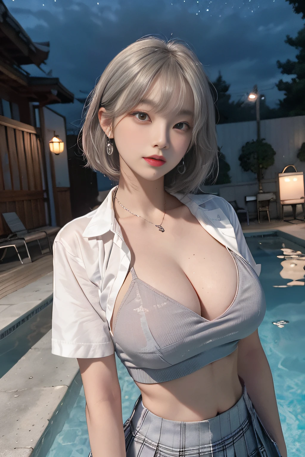 Best image quality, RAW photos, super high resolution, gentle smile, 16-year-old Korean, very big breasts, cleavage just below the collarbone, school uniform, shirt with collar, school uniform shirt, shirt not closed, plaid skirt, fair skin, shiny white skin, short bob, bright silver hair, bright gray hair, neatly aligned bangs, beautiful eyes of random colors, very thin lips, beautiful eyes in detail, elongated eyes, pale pink cheeks, long eyelashes, beautiful double eyelids, eyeshadow, beautiful abs, beautiful navel, beautiful ribs, necklaces, earrings, night school, dim poolside at night,