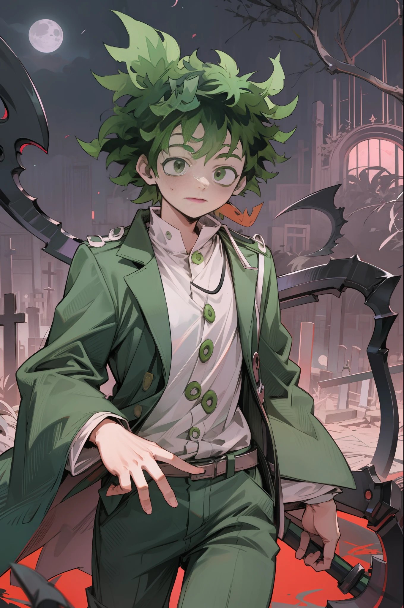 "((Izuku Midoriya:1.2) AS (Grim Reaper:1.2)) dressed in (plague doctor's clothes:1.1) wielding a (scythe:1.1) in a (cemetery:1.1) under the (crimson moonlight:1.2)."