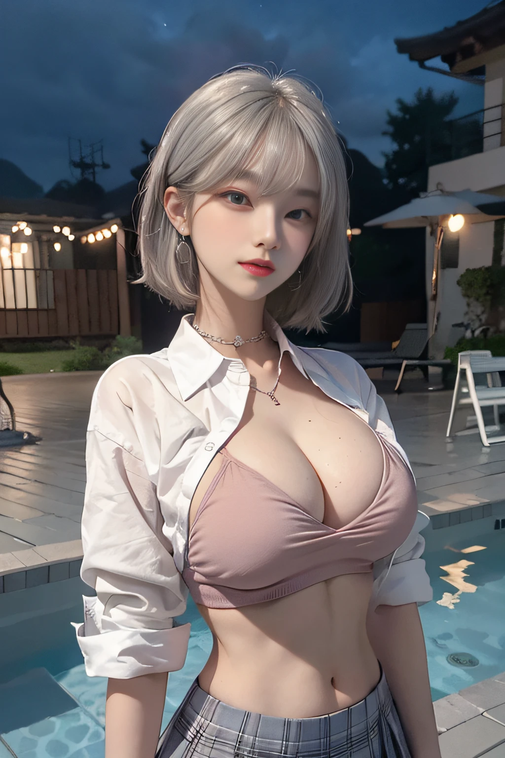 Best image quality, RAW photos, super high resolution, gentle smile, 16-year-old Korean, very big breasts, cleavage close to the face, school uniform, shirt with collar, school uniform shirt, shirt not closed, plaid skirt, fair skin, shiny white skin, short bob, bright silver hair, bright gray hair, neatly aligned bangs, beautiful eyes of random colors, very thin lips, beautiful eyes in every detail, elongated eyes, pale pink cheeks, long eyelashes, beautiful double eyelids, eyeshadow, beautiful abs, beautiful navel, beautiful ribs, necklaces, earrings, night school, dim poolside at night,