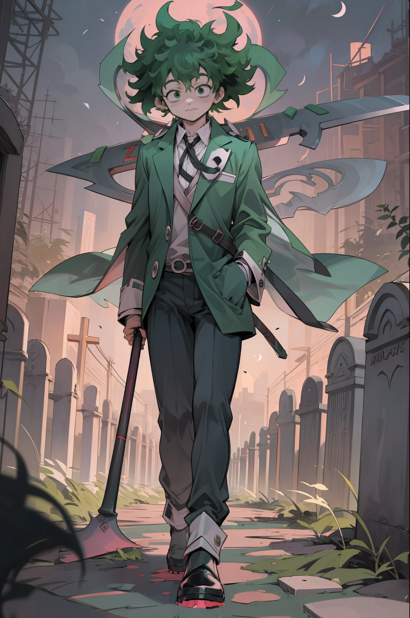 "((Izuku Midoriya:1.2) AS (Grim Reaper:1.2)) dressed in (plague doctor's clothes:1.1) wielding a (scythe:1.1) in a (cemetery:1.1) under the (crimson moonlight:1.2)."