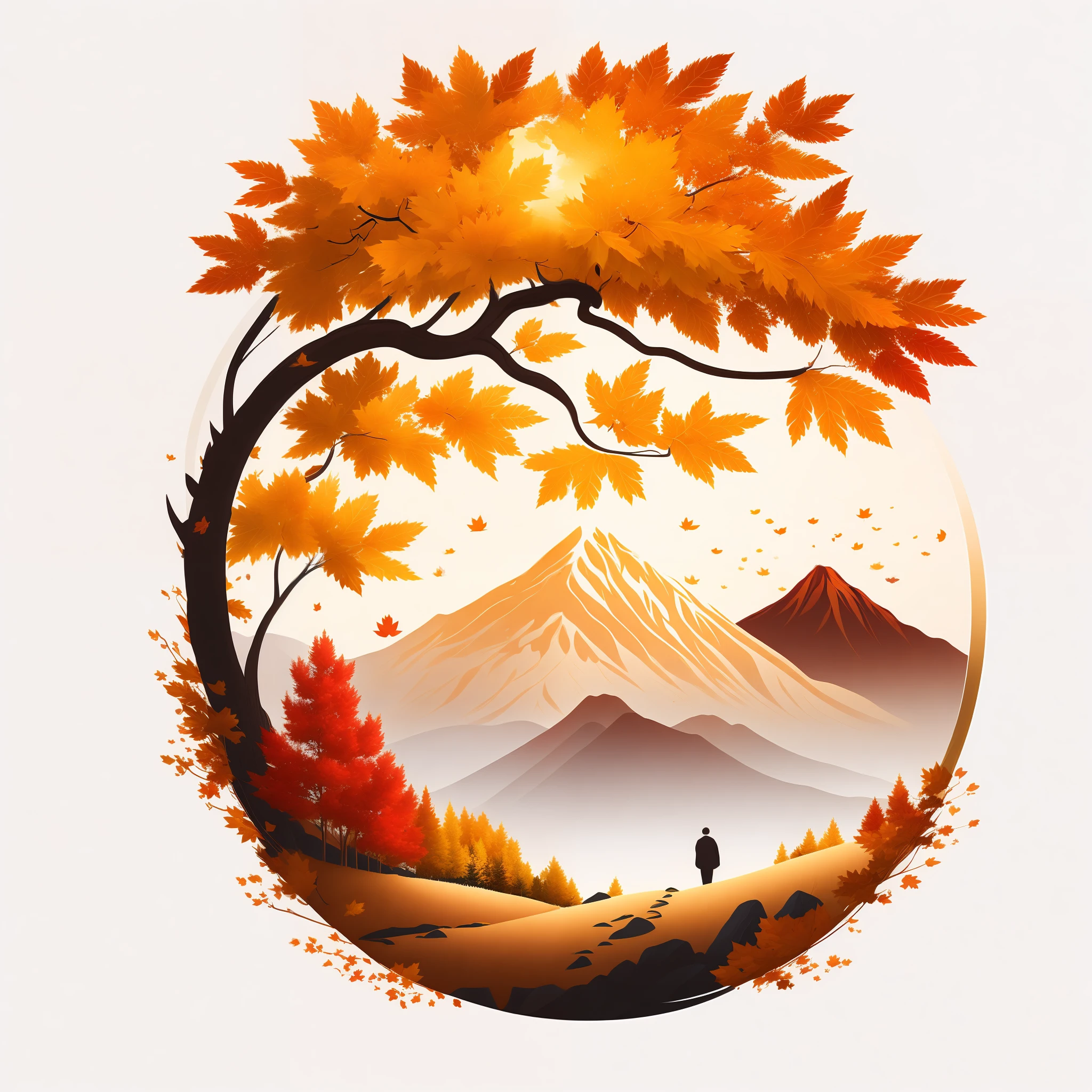 Maple tree in autumn landscape, golden mountain, fallen leaves, t-shirt design, rzminjourney, vector art, circular silhouette, white background