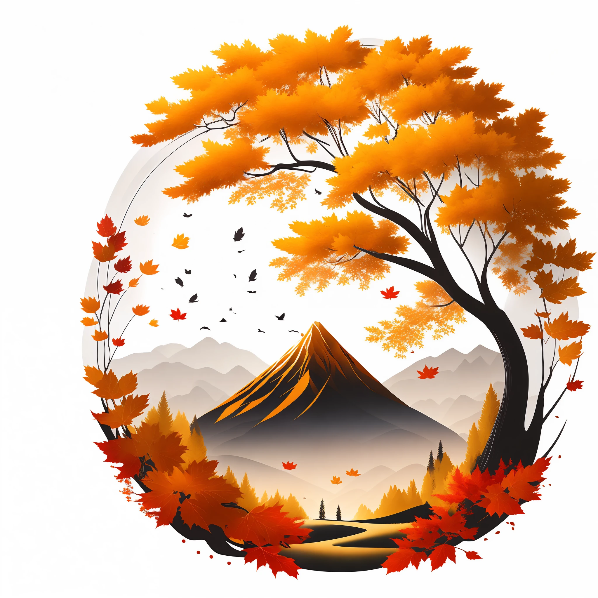 Maple tree in autumn landscape, golden mountain, fallen leaves, t-shirt design, rzminjourney, vector art, circular silhouette, white background
