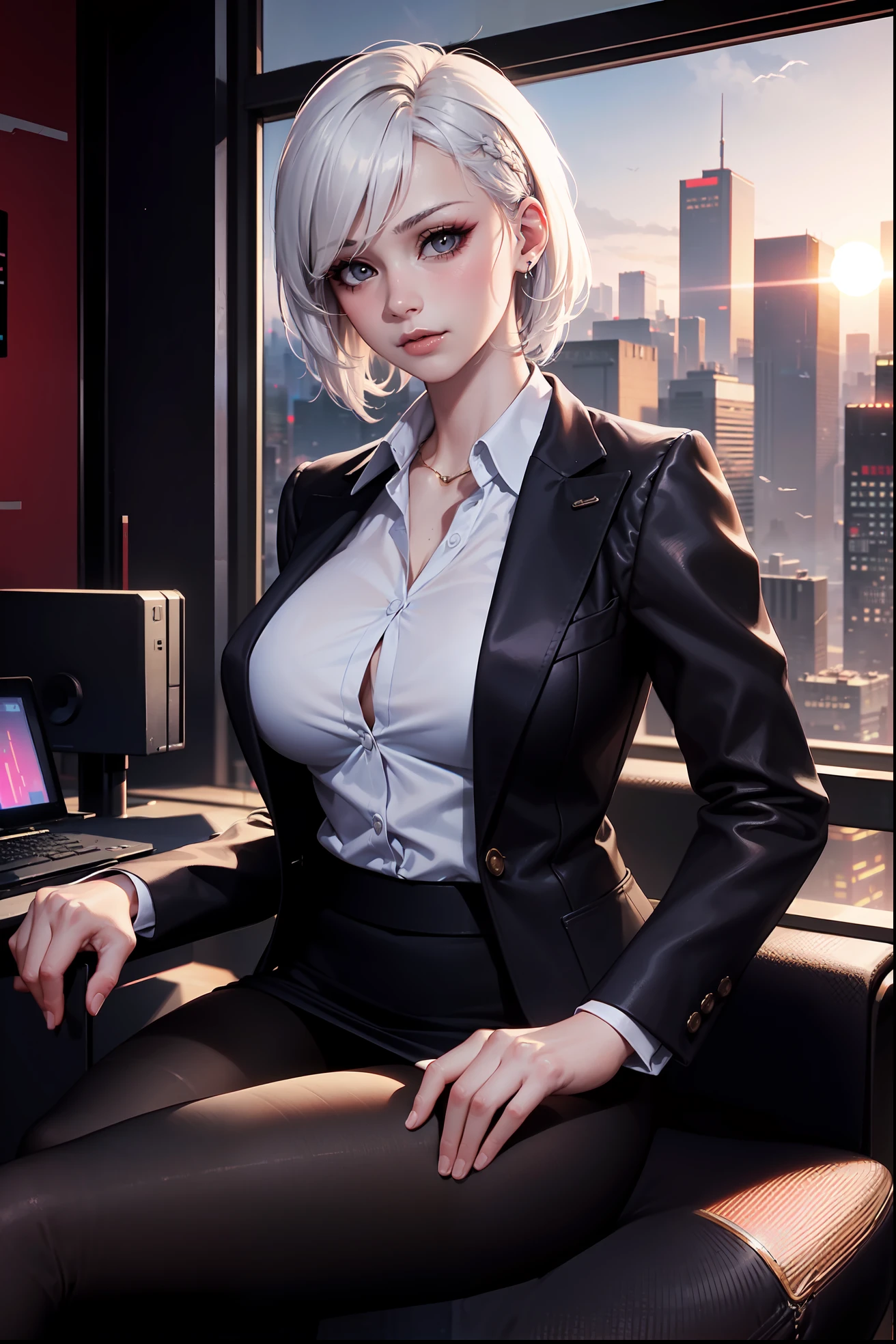 (masterpiece:1.3), (8k, photorealistic, RAW photo, best quality: 1.4), (1girl), beautiful face, (realistic face), Nice hairstyle,Realistic Eyes,Nice detail eyes,(Realistic Skin),Beautiful Skin,Ridiculous,attractive,Ultra high Resolution,an ultra realistic,RAWExtremely detailed,golden proportions,全身写真, Woman wearing business outfit, formal blazer, white blouse, high waist business skirt, sheer leggings, beautiful, masterpiece, best quality, perfect lighting, (white hair:1.4), long hair, (grey eyes:1.2), slender build, thin, medium breasts, business woman, ceo, sitting in luxurious black office chair, giant modern window with view of dusk cyberpunk city skyline in background, close up, dusk, (cyberpunk city background:1.3), (Hazy sky:1.2), (Dim red sun:1.3), eyelashes, dark eyeliner
