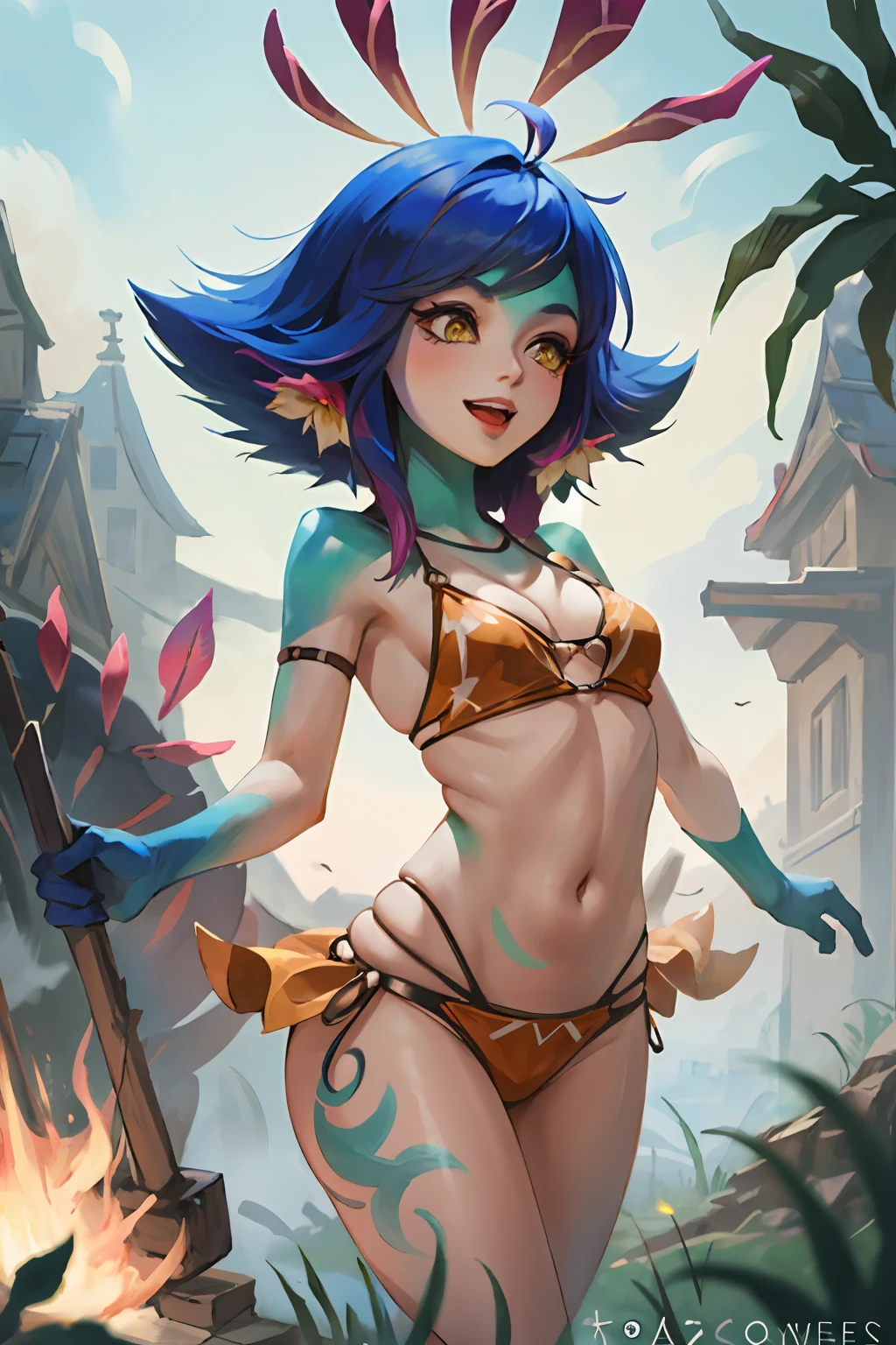 neeko, lol, happy, very happy, laughing, in black bikini, looking at the spectator, moist body, big explosion in the background, sensuality in the body, small chest, tight bikini, , provocative,, chest beak marking, primea work, best quality, arms behind the body, wonderful,, destruction, medium hard chest, neeko sensual, neeko posing, beautiful body