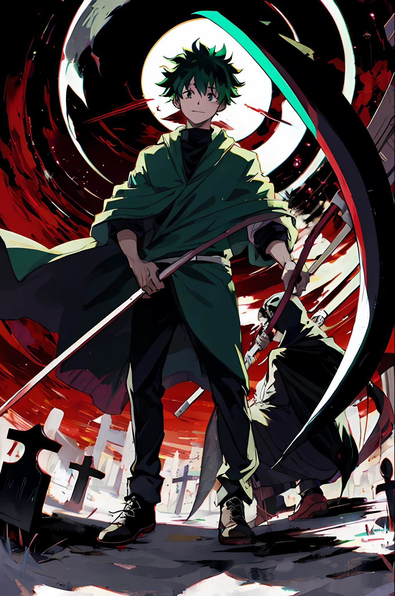 [Izuku Midoriya:1.5] [as the Grim Reaper:1.3], [dressed in plague doctor's clothes:1.2], [wielding a scythe:1.2], [in a cemetery:1.2], [under the crimson moonlight:1.2].