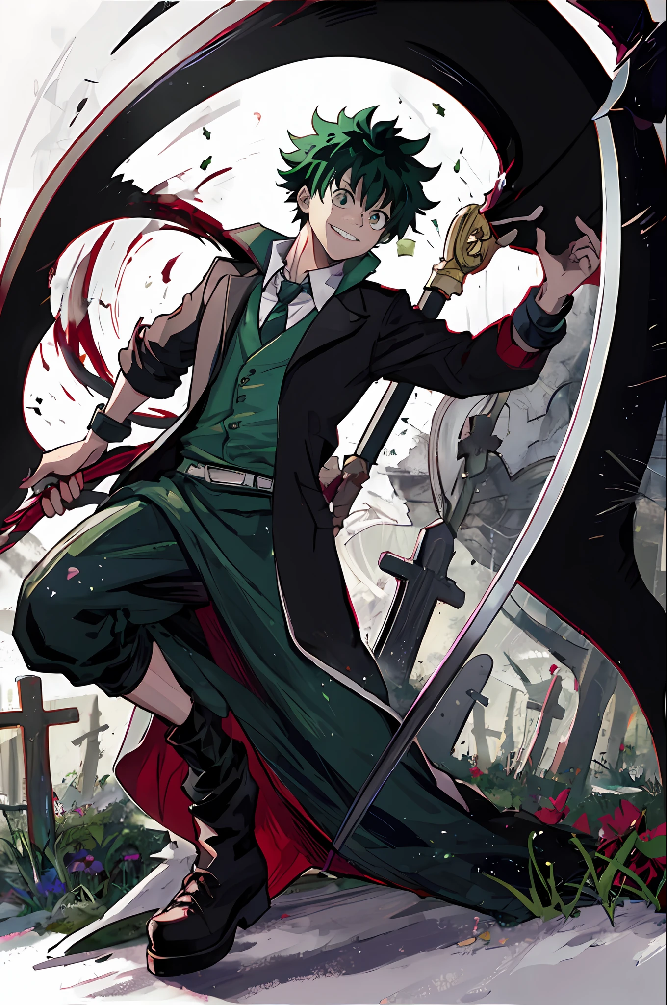 [Izuku Midoriya:1.5] [as the Grim Reaper:1.3], [dressed in plague doctor's clothes:1.2], [wielding a scythe:1.2], [in a cemetery:1.2], [under the crimson moonlight:1.2].