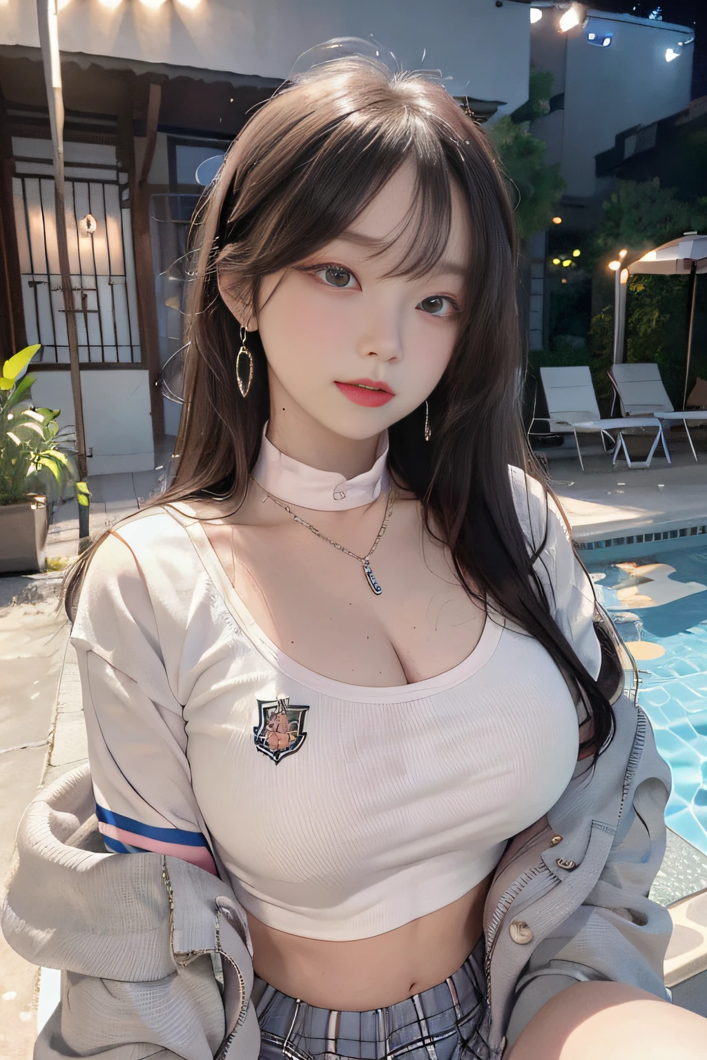 Best image quality, RAW photos, super high resolution, gentle smile, 16-year-old Korean, very big breasts, cleavage close to the face, school uniform, shirt with collar, school uniform shirt, shirt not closed, plaid skirt, fair skin, shiny white skin, short bob, bright silver hair, bright gray hair, neatly aligned bangs, beautiful eyes of random colors, very thin lips, beautiful eyes in every detail, elongated eyes, pale pink cheeks, long eyelashes, beautiful double eyelids, eyeshadow, beautiful abs, beautiful navel, beautiful ribs, necklaces, earrings, night school, dim poolside at night,