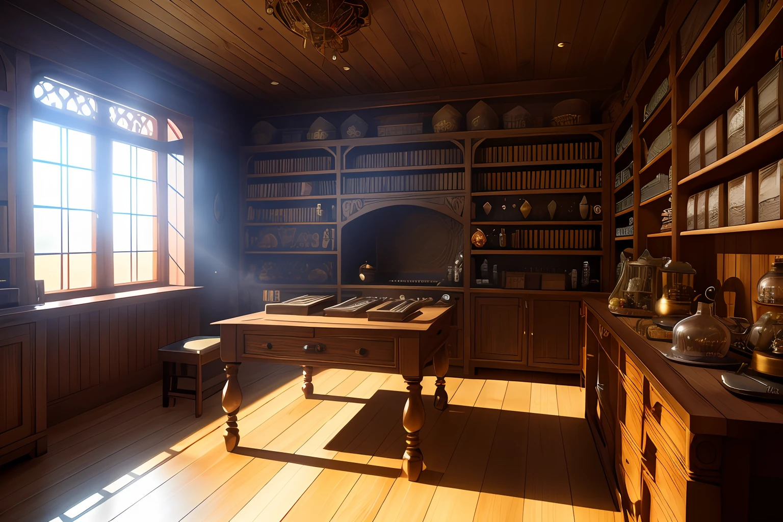 (masterpiece) (cinematic) Fine Detailed Old American Style Motorcycle Workshop Interior (Detailed Wall Bike Frames, Super Detailed Rustic Table, Finely Detailed Tools) Ultra Definition and 4K Image