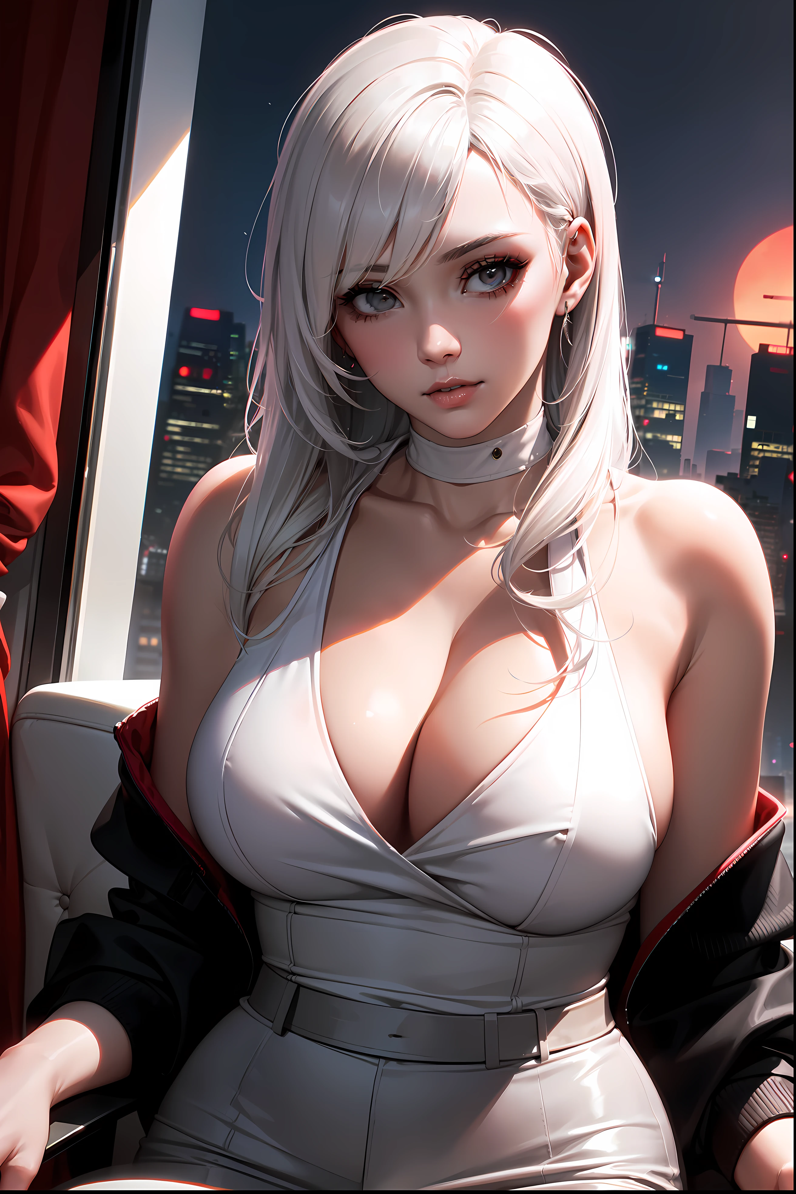 (masterpiece:1.3), (8k, photorealistic, RAW photo, best quality: 1.4), (1girl), beautiful face, (realistic face), Nice hairstyle,Realistic Eyes,Nice detail eyes,(Realistic Skin),Beautiful Skin,Ridiculous,attractive,Ultra high Resolution,an ultra realistic,RAWExtremely detailed,golden proportions,全身写真, Woman wearing business outfit, formal blazer, white blouse, high waist business skirt, sheer leggings, beautiful, masterpiece, best quality, perfect lighting, (white hair:1.4), long hair, (grey eyes:1.2), slender build, thin, medium breasts, business woman, ceo, sitting in luxurious black office chair, giant modern window with view of dusk cyberpunk city skyline in background, close up, dusk, (cyberpunk city background:1.3), (Hazy sky:1.2), (Dim red sun:1.3), eyelashes, dark eyeliner