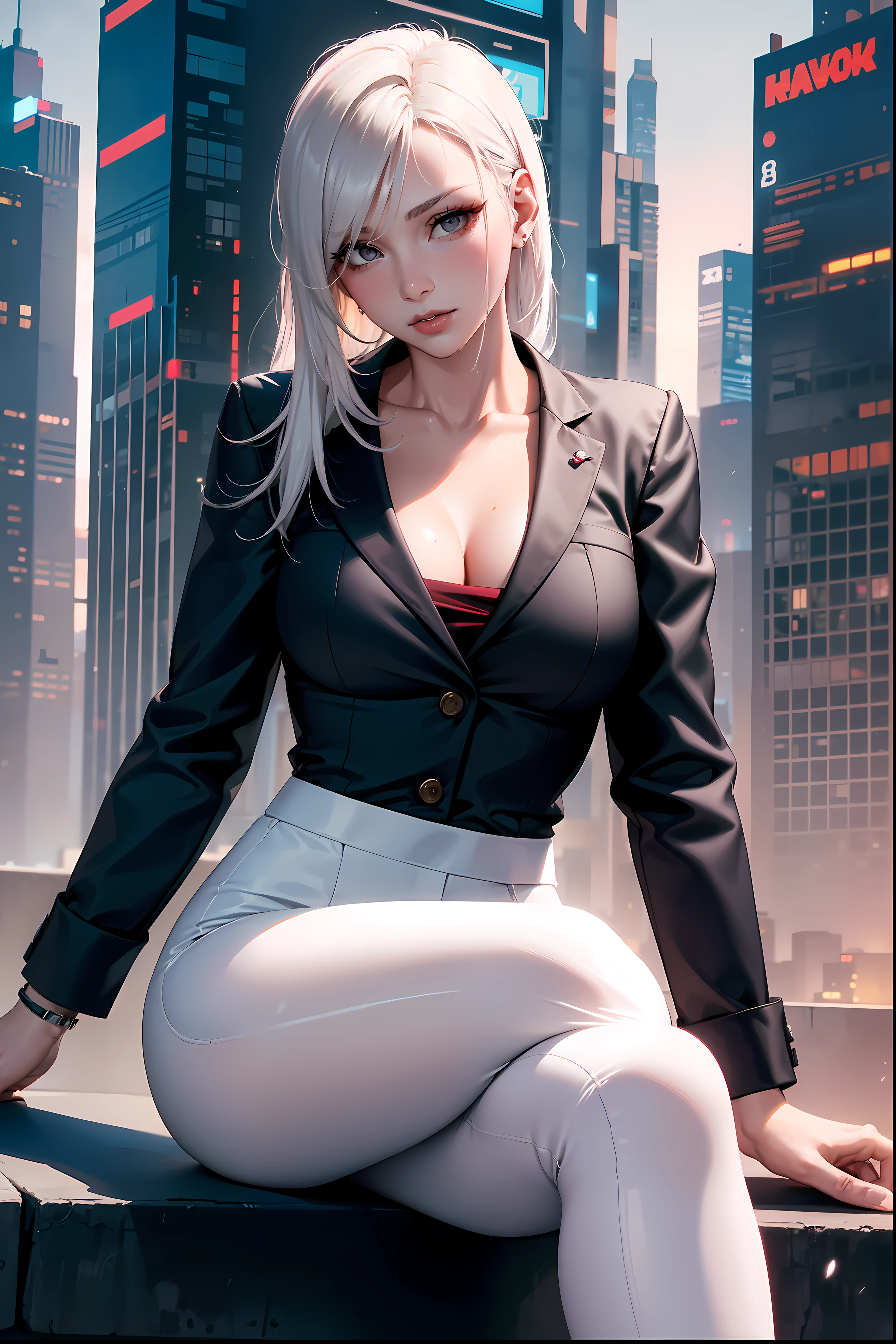 (masterpiece:1.3), (8k, photorealistic, RAW photo, best quality: 1.4), (1girl), beautiful face, (realistic face), Nice hairstyle,Realistic Eyes,Nice detail eyes,(Realistic Skin),Beautiful Skin,Ridiculous,attractive,Ultra high Resolution,an ultra realistic,RAWExtremely detailed,golden proportions,全身写真, Woman wearing business outfit, formal blazer, white blouse, high waist business skirt, sheer leggings, beautiful, masterpiece, best quality, perfect lighting, (white hair:1.4), long hair, (grey eyes:1.2), slender build, thin, medium breasts, business woman, ceo, sitting in luxurious black office chair, giant modern window with view of dusk cyberpunk city skyline in background, close up, dusk, (cyberpunk city background:1.3), (Hazy sky:1.2), (Dim red sun:1.3), eyelashes, dark eyeliner