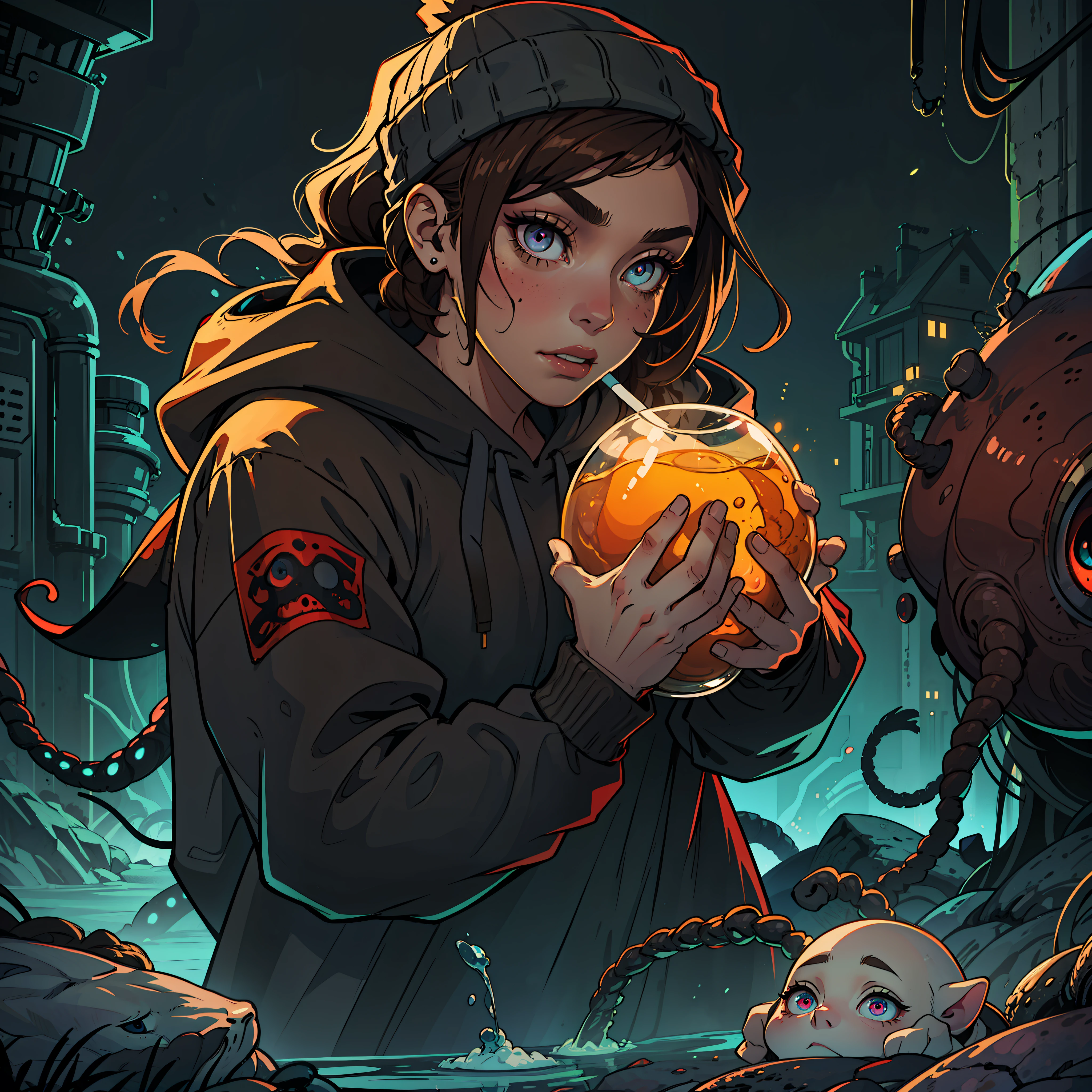 Lovecraftian horror abomination, black abyss, massive tentacles, eldritch storm, (eyes that are walmart irised)+++ and brown hair wearing an elegantly cozy black hoodie and beanie who has lived for centuries and seeks to uncover the secrets of the world and her own existence. Subsurface scattering, pores and minor blemishes adding to the realism, photo of woman, Brown hair, ethereal, RedShift renderer, Elegant Attire, a black hoodie, vibrant eyes --auto