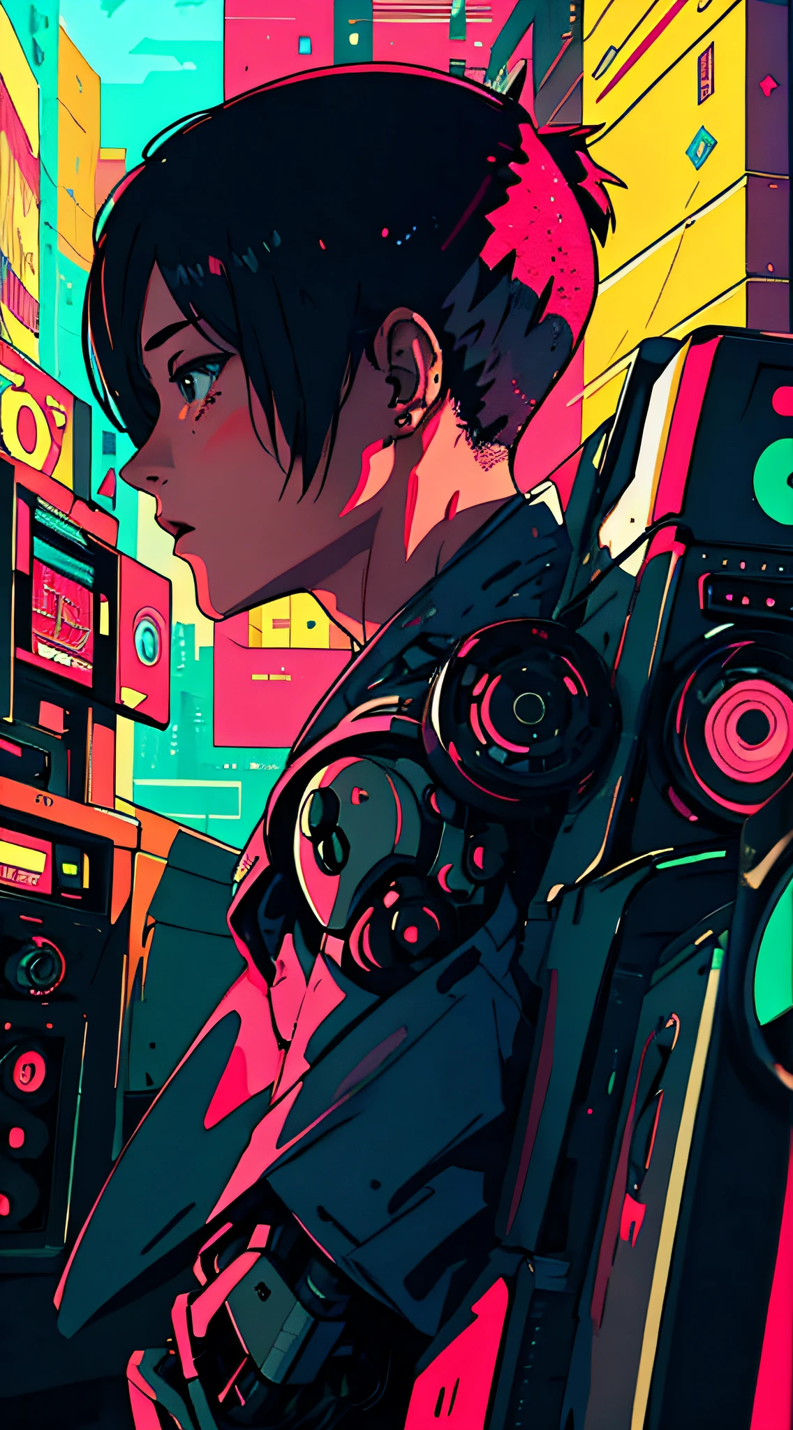 (masterpiece, top quality, super detail, high resolution, best illustration), philosopher, male, boy cartoon protagonist, AI, robot, genderless icon, attractive profile picture, retro futuristic, pastel color 80s