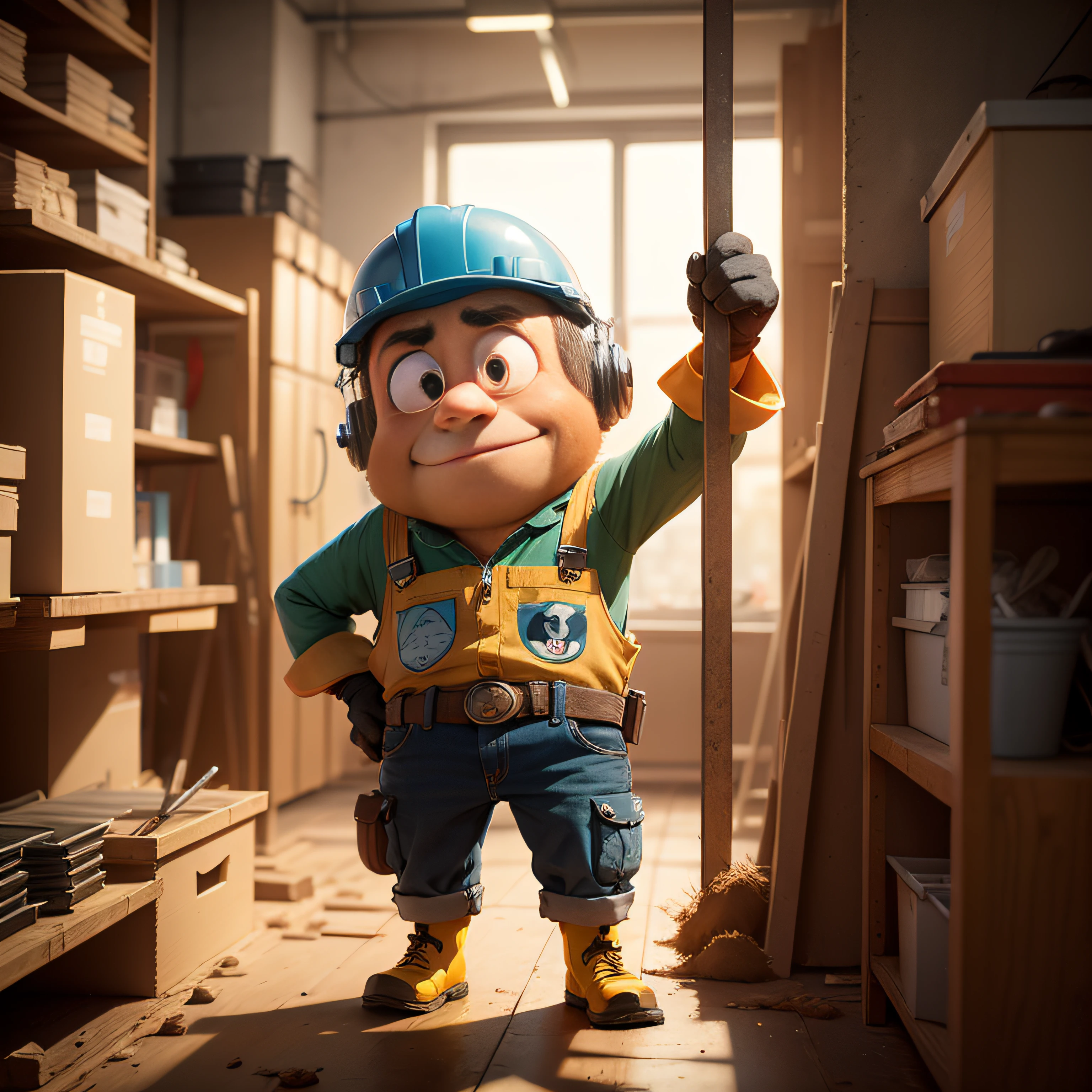 construction shop mascot, pixar, cartoon, worker