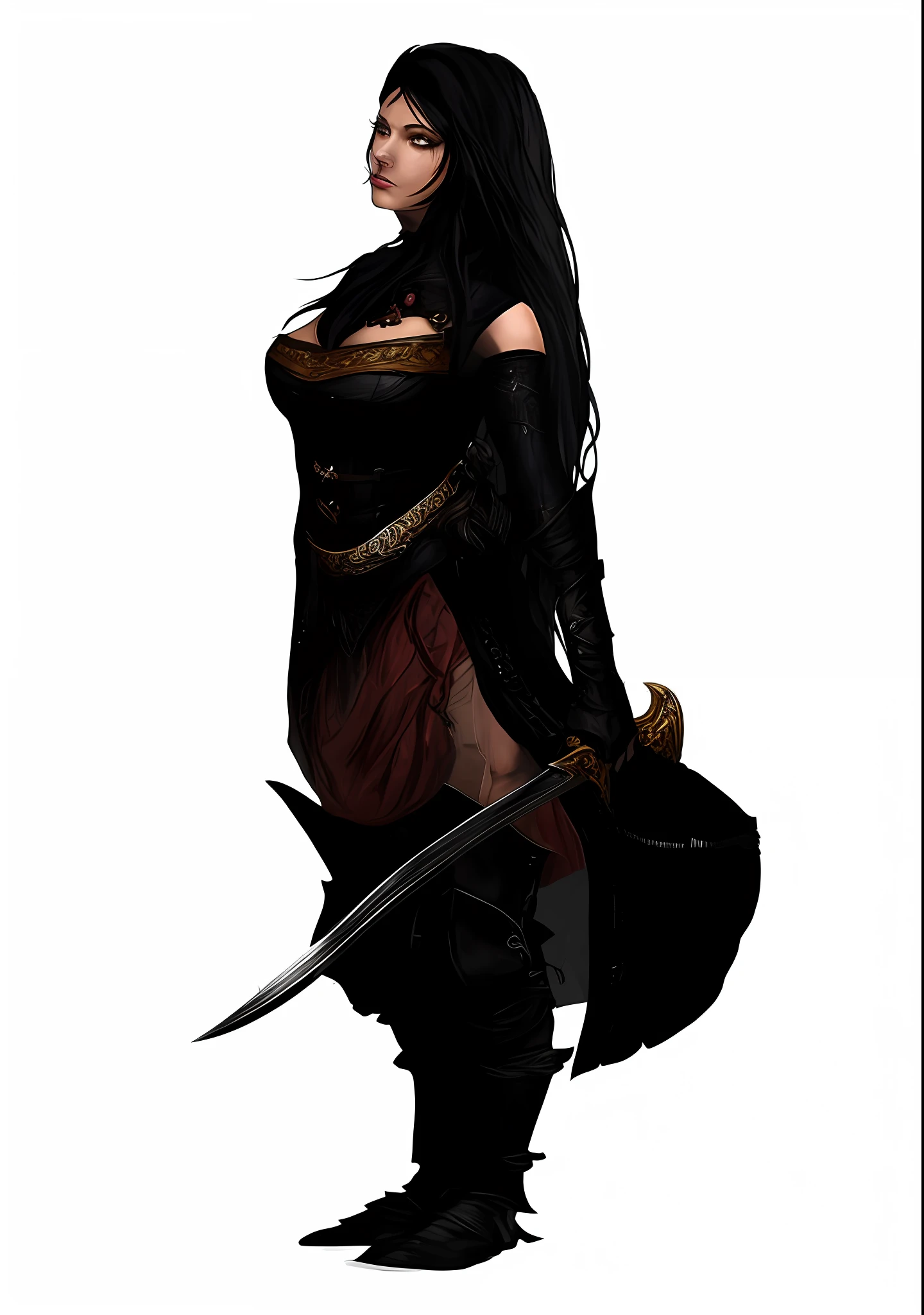 a woman in a black outfit holding a sword and a sword, female assassin, beautiful female assassin, dark sorceress fullbody pose, render of mirabel madrigal, female vampire warrior, north adult female warrior, dark fantasy character design, dark sorceress full view, she is holding a sword, fantasy d&d character, complex fantasy character, beautiful female warrior