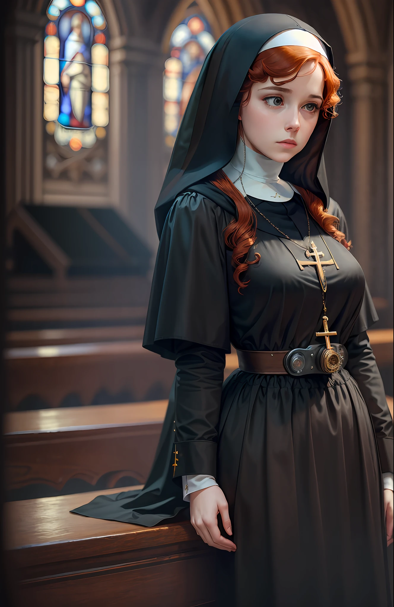 Award-winning photo, masterpiece, Young woman, Catholic nun, black hood, black clothing, steampunk, (redhead, curly hair), catholic church, light eyes, realistic art,(holy), prayer position, praying