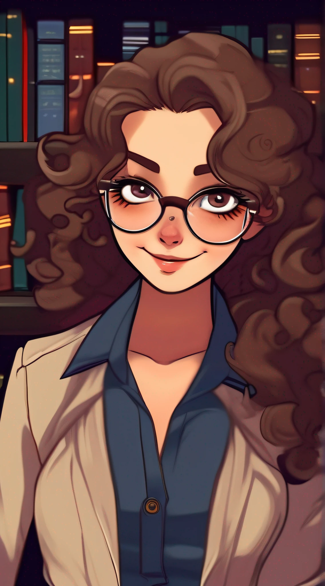 (dasha taran),upper half of body,Big eyes,small face,long sleeve button down shirt,librarian suit,in the dark,thick body:1.8,huge breasts:1.6,Loose and fluffy curls,lustrous skin,smile