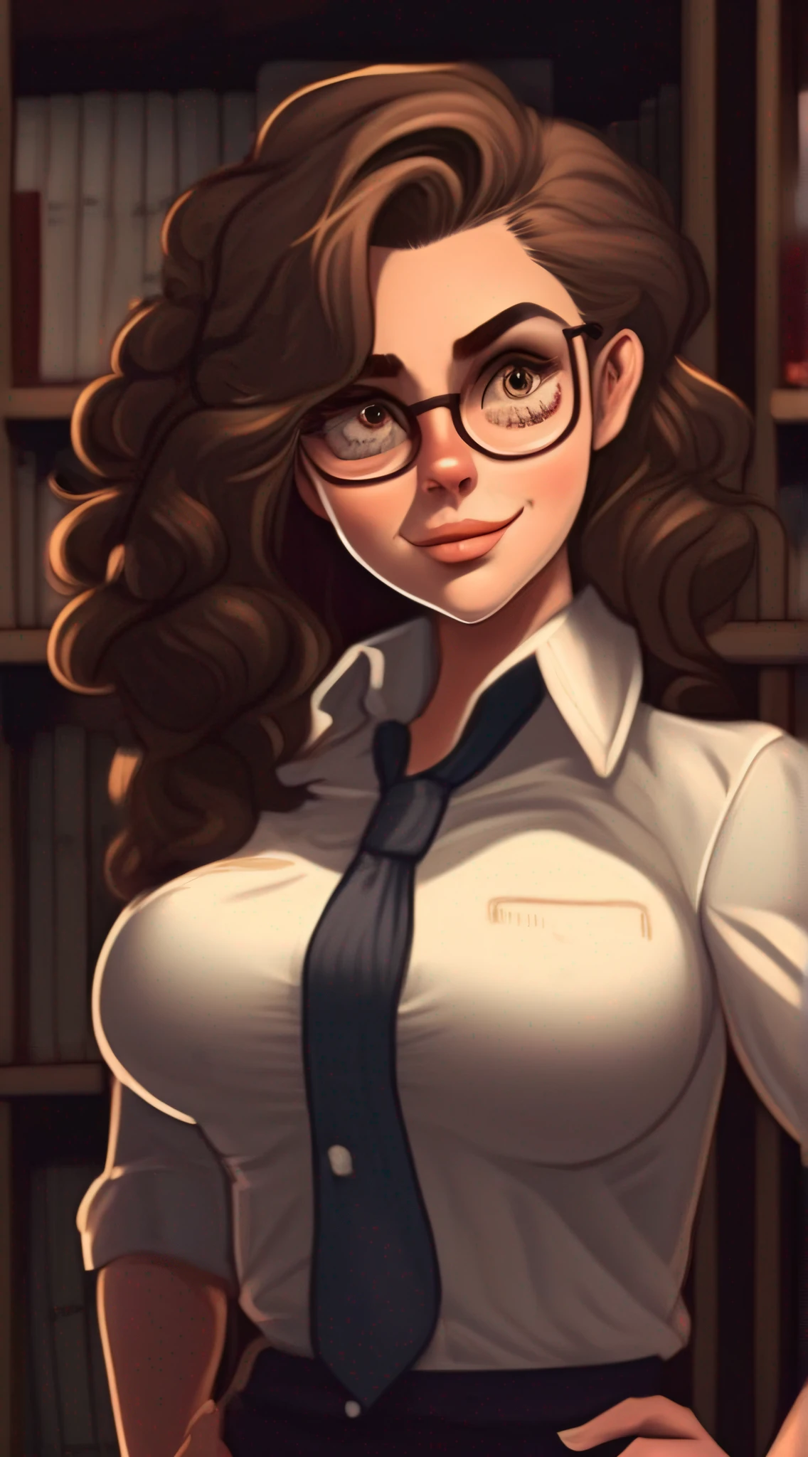 (dasha taran),upper half of body,Big eyes,small face,long sleeve button down shirt,librarian suit,in the dark,thick body:1.8,huge breasts:1.6,Loose and fluffy curls,lustrous skin,smile